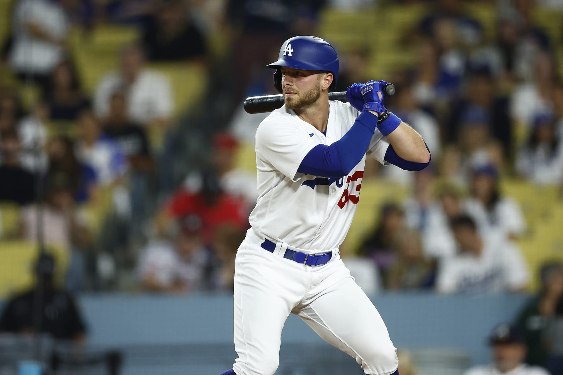 LOS ANGELES, CALIFORNIA - SEPTEMBER 01:  Michael Busch #83 of the Los Angeles Dodgers in the eighth inning at Dodger Stadium on September 01, 2023 in Los Angeles, California. (Photo by Ronald Martinez/Getty Images)
