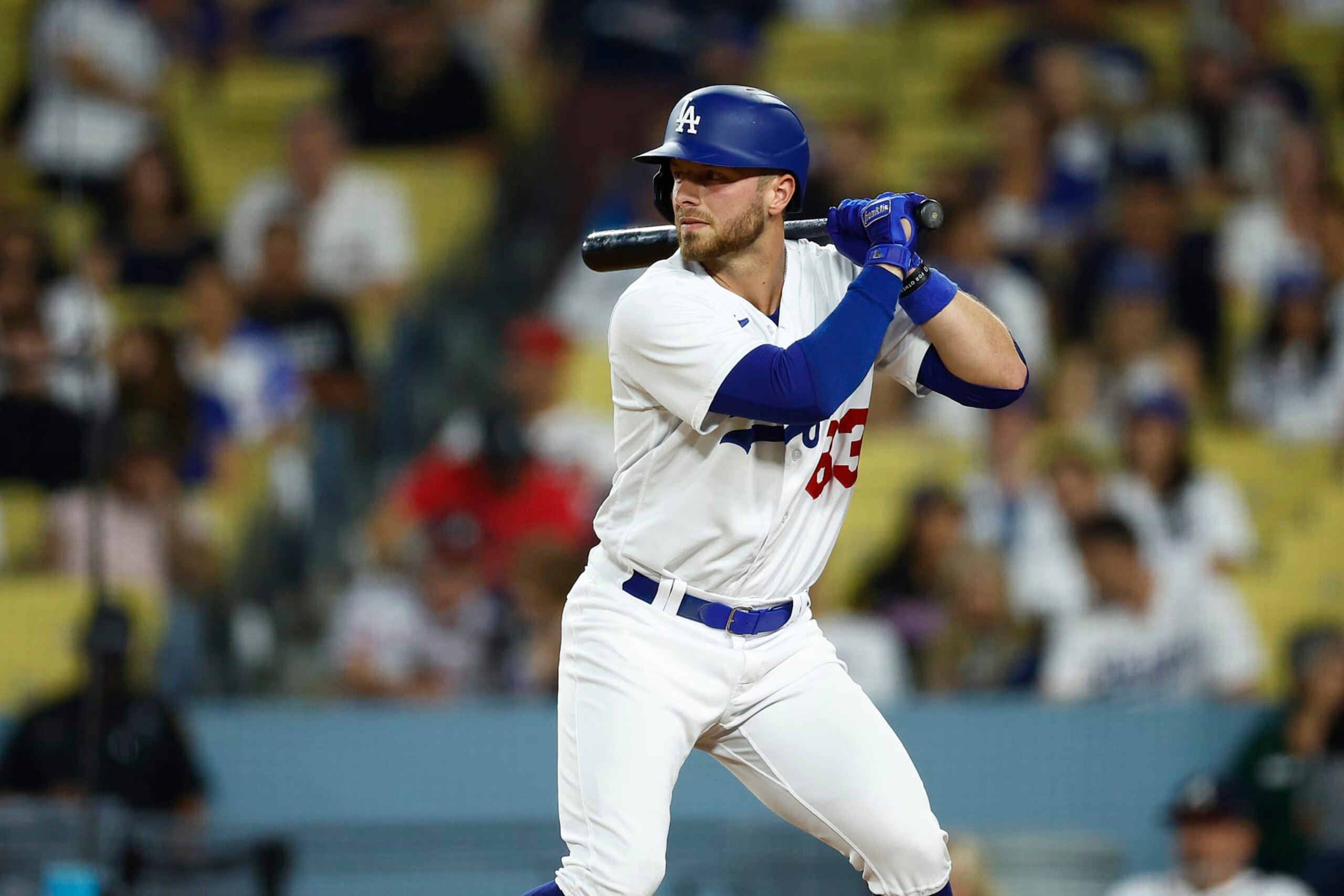 LOS ANGELES, CALIFORNIA - SEPTEMBER 01:  Michael Busch #83 of the Los Angeles Dodgers in the eighth inning at Dodger Stadium on September 01, 2023 in Los Angeles, California. (Photo by Ronald Martinez/Getty Images)