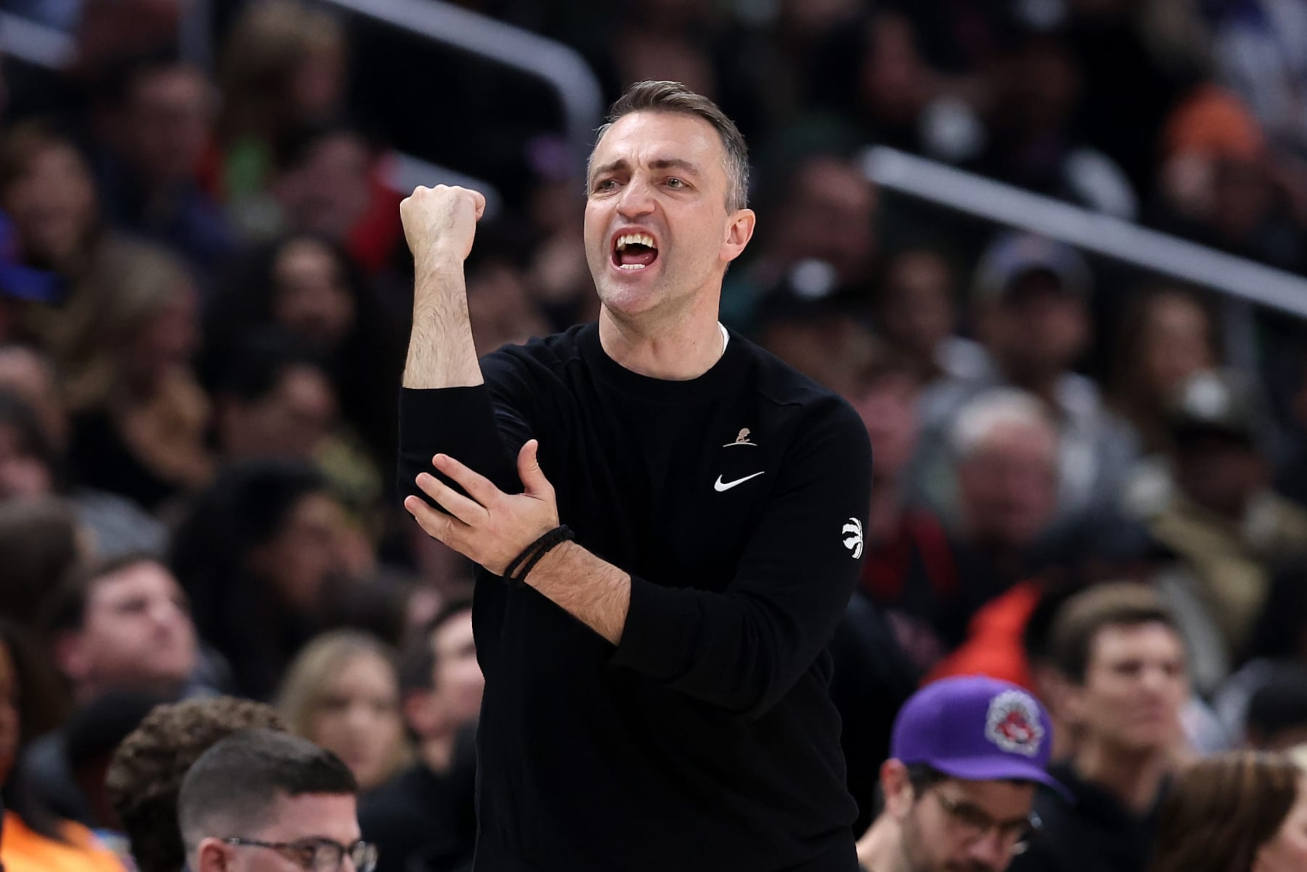 LOS ANGELES, CALIFORNIA - JANUARY 10: Head coach Darko RajakoviÄ of the Toronto Raptors looks on during the second half of a game at Crypto.com Arena on January 10, 2024 in Los Angeles, California.  NOTE TO USER: User expressly acknowledges and agrees that, by downloading and or using this photograph, User is consenting to the terms and conditions of the Getty Images License Agreement. (Photo by Sean M. Haffey/Getty Images)