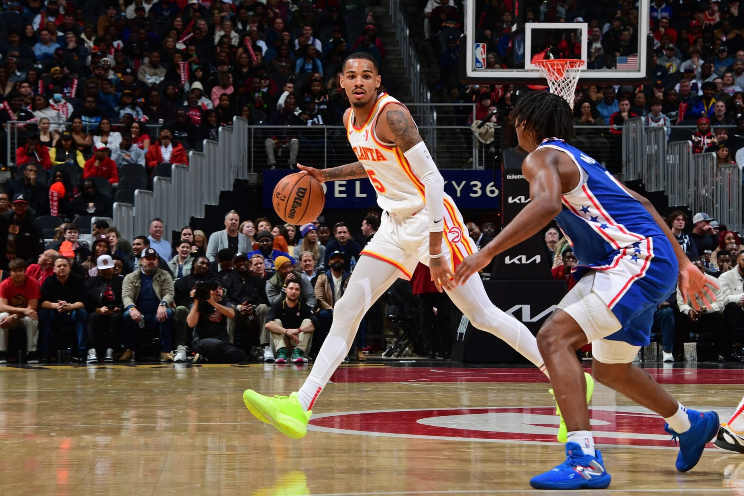 ATLANTA, GA - JANUARY 10: Dejounte Murray #5 of the Atlanta Hawks looks on during the game against the Philadelphia 76ers on January 10, 2024 at State Farm Arena in Atlanta, Georgia. NOTE TO USER: User expressly acknowledges and agrees that, by downloading and/or using this Photograph, user is consenting to the terms and conditions of the Getty Images License Agreement. Mandatory Copyright Notice: Copyright 2024 NBAE (Photo by Scott Cunningham/NBAE via Getty Images) ATLANTA, GA - JANUARY 10: Dejounte Murray #5 of the Atlanta Hawks looks on during the game against the Philadelphia 76ers on January 10, 2024 at State Farm Arena in Atlanta, Georgia. NOTE TO USER: User expressly acknowledges and agrees that, by downloading and/or using this Photograph, user is consenting to the terms and conditions of the Getty Images License Agreement. Mandatory Copyright Notice: Copyright 2024 NBAE (Photo by Scott Cunningham/NBAE via Getty Images)