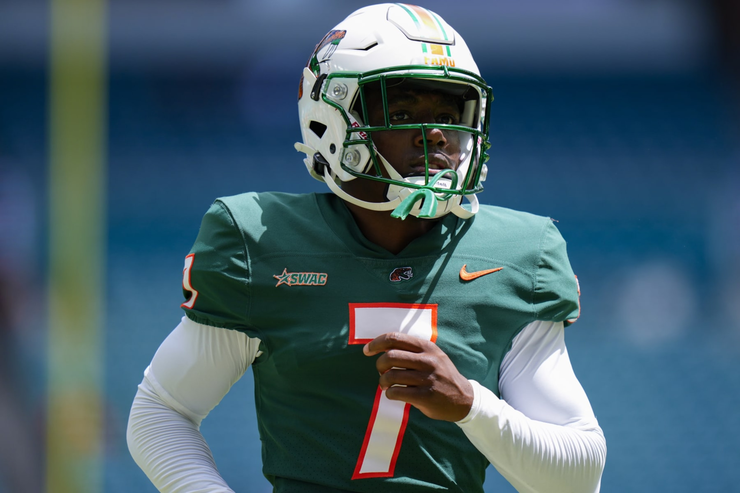 MIAMI GARDENS, FLORIDA - SEPTEMBER 03: Tevin Griffey #7 of the Florida A&M Rattlers warms up prior to a game against the Jackson State Tigers at Hard Rock Stadium on September 03, 2023 in Miami Gardens, Florida. (Photo by Rich Storry/Getty Images)
