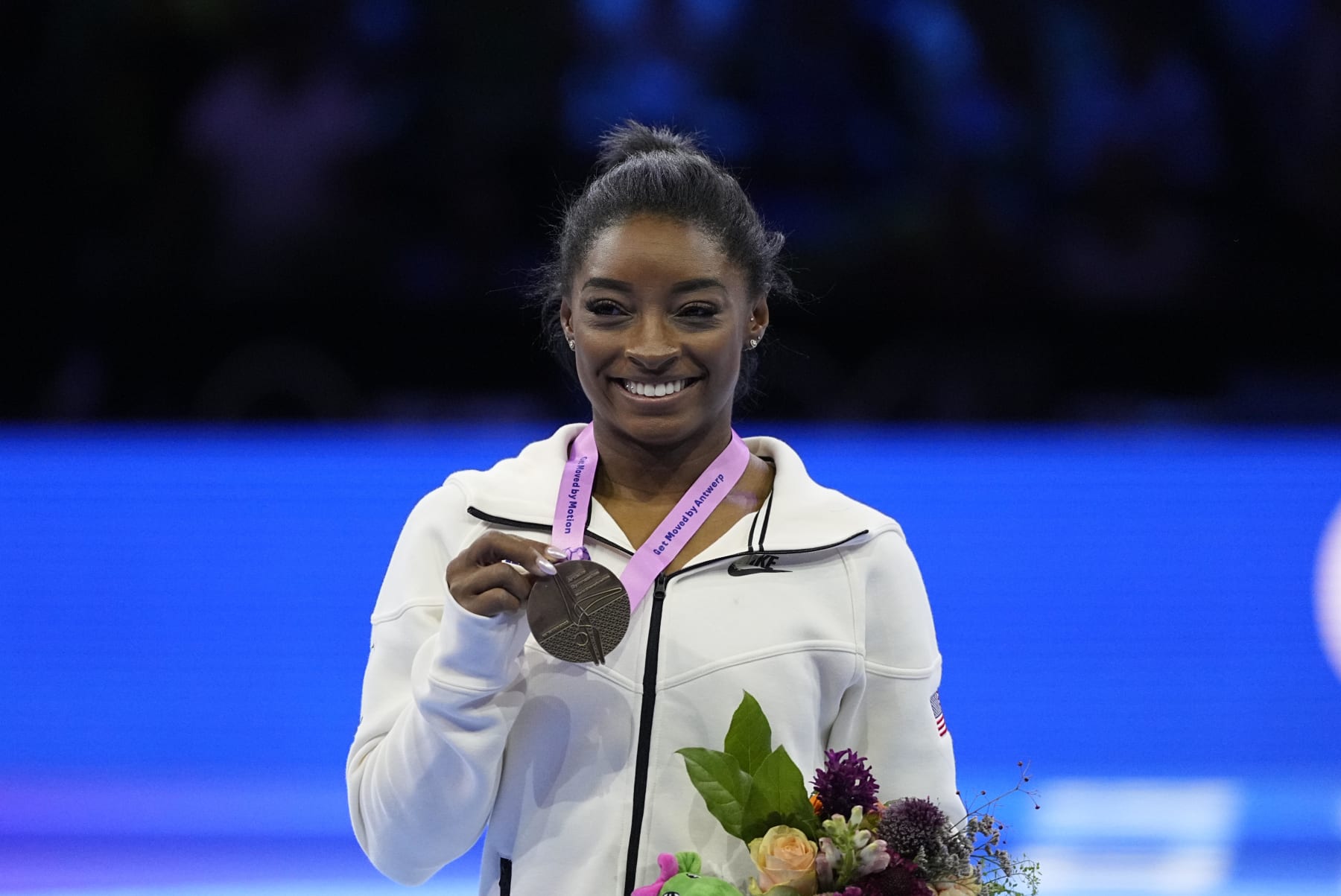 Simone Biles (USA) wins gold during the 2023 FIG Artistic Gymnastics World Championships at Antwerp Sportpaleis on October 8, 2023 in Antwerp, Belgium. (Photo by Ulrik Pedersen/DeFodi Images via Getty Images)