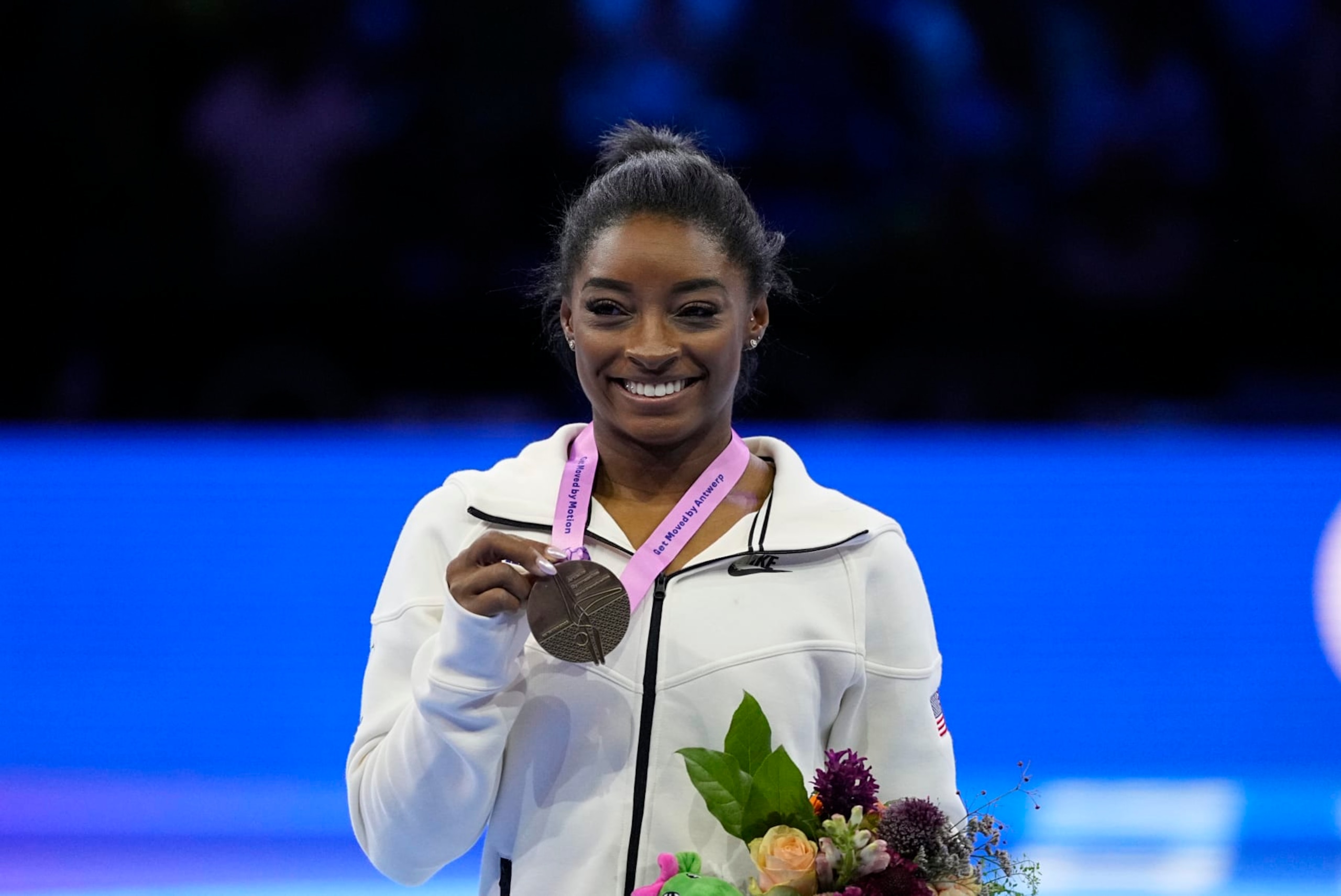 Simone Biles (USA) wins gold during the 2023 FIG Artistic Gymnastics World Championships at Antwerp Sportpaleis on October 8, 2023 in Antwerp, Belgium. (Photo by Ulrik Pedersen/DeFodi Images via Getty Images)