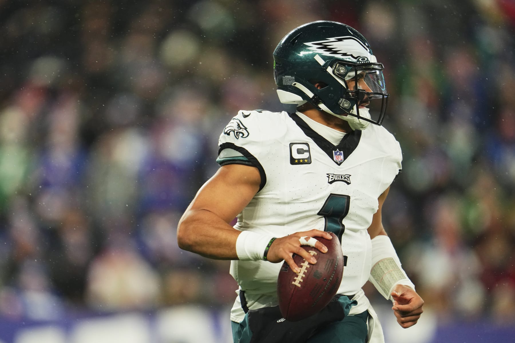 EAST RUTHERFORD, NJ - JANUARY 07: Jalen Hurts #1 of the Philadelphia Eagles drops back to pass against the New York Giants during the first half at MetLife Stadium on January 7, 2024 in East Rutherford, New Jersey. (Photo by Cooper Neill/Getty Images)