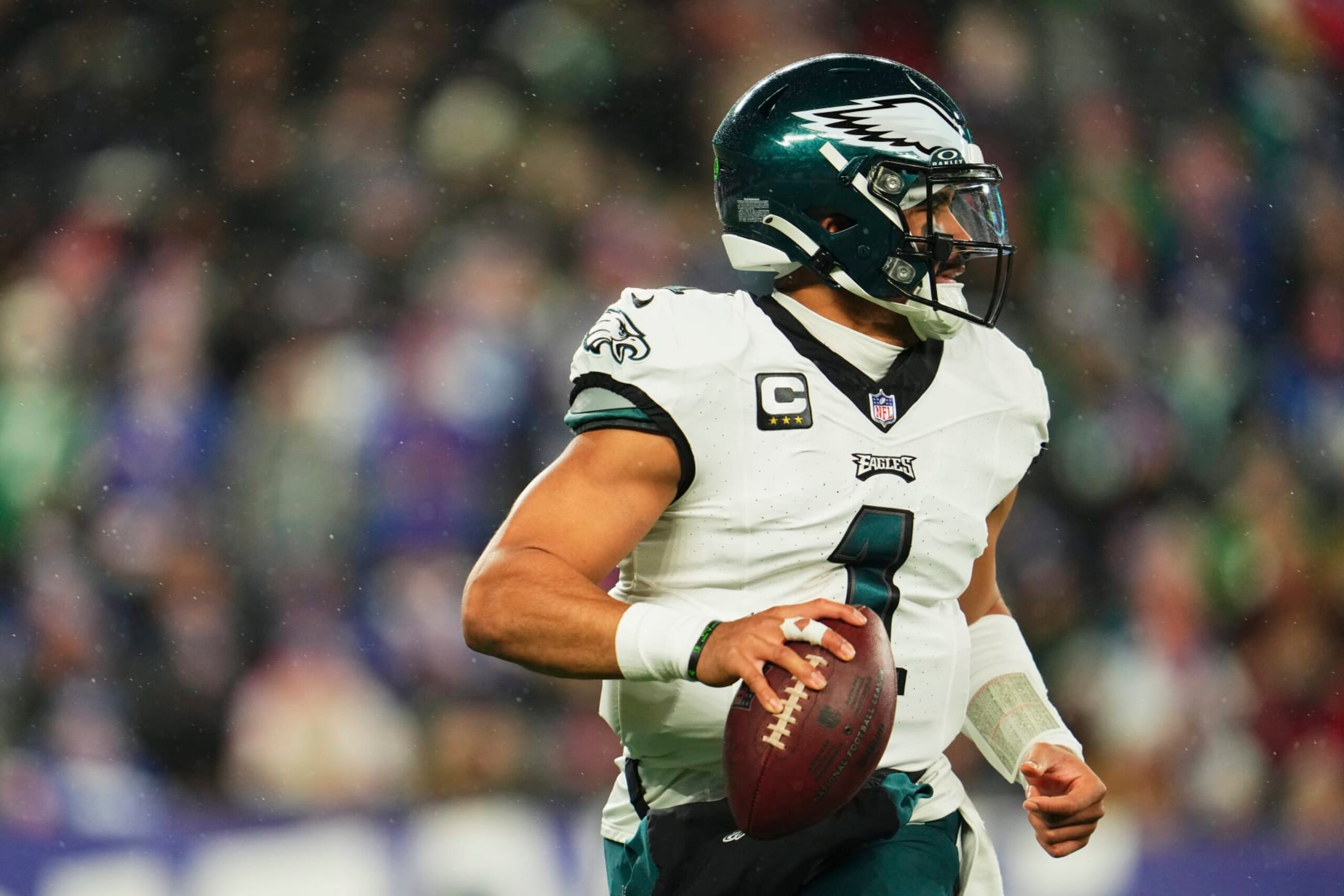 EAST RUTHERFORD, NJ - JANUARY 07: Jalen Hurts #1 of the Philadelphia Eagles drops back to pass against the New York Giants during the first half at MetLife Stadium on January 7, 2024 in East Rutherford, New Jersey. (Photo by Cooper Neill/Getty Images)