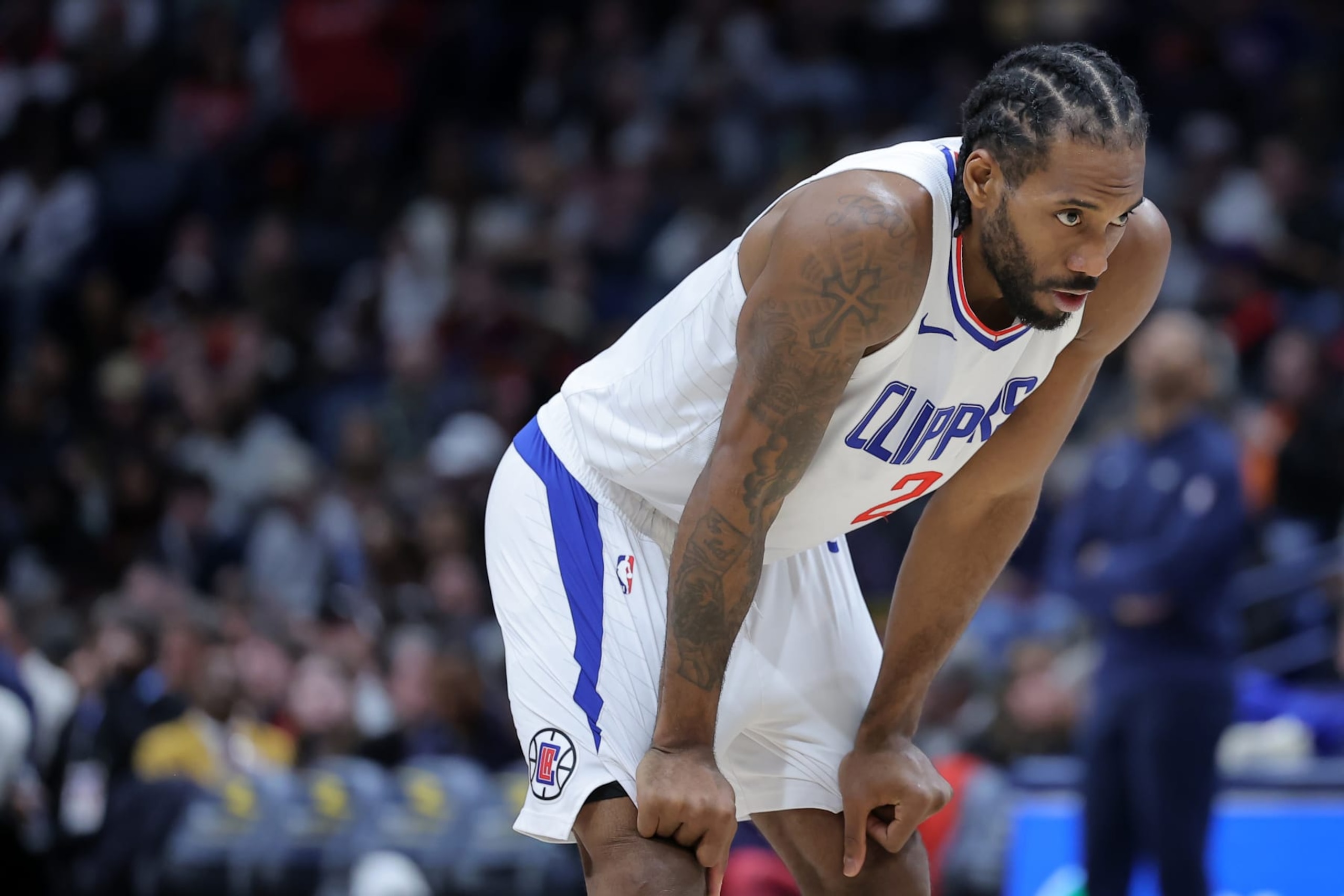 NEW ORLEANS, LOUISIANA - JANUARY 05: Kawhi Leonard #2 of the LA Clippers reacts against the New Orleans Pelicans during a game at the Smoothie King Center on January 05, 2024 in New Orleans, Louisiana. NOTE TO USER: User expressly acknowledges and agrees that, by downloading and or using this Photograph, user is consenting to the terms and conditions of the Getty Images License Agreement. (Photo by Jonathan Bachman/Getty Images)