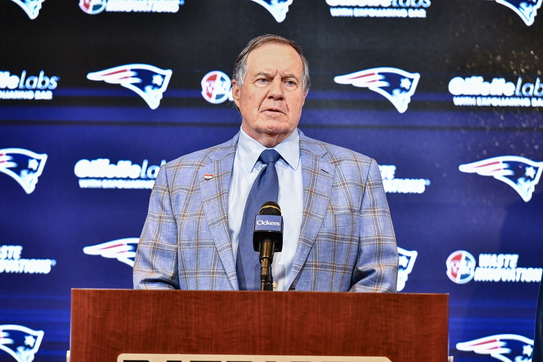 New England Patriots head coach Bill Belichick announces he is leaving the team during a press conference at Gillette Stadium in Foxborough, Massachusetts, on January 11, 2024. Belichick, the NFL mastermind who has guided the New England Patriots to a record six Super Bowl titles as head coach, is parting ways with the team after 24 seasons. (Photo by Joseph Prezioso / AFP) (Photo by JOSEPH PREZIOSO/AFP via Getty Images)