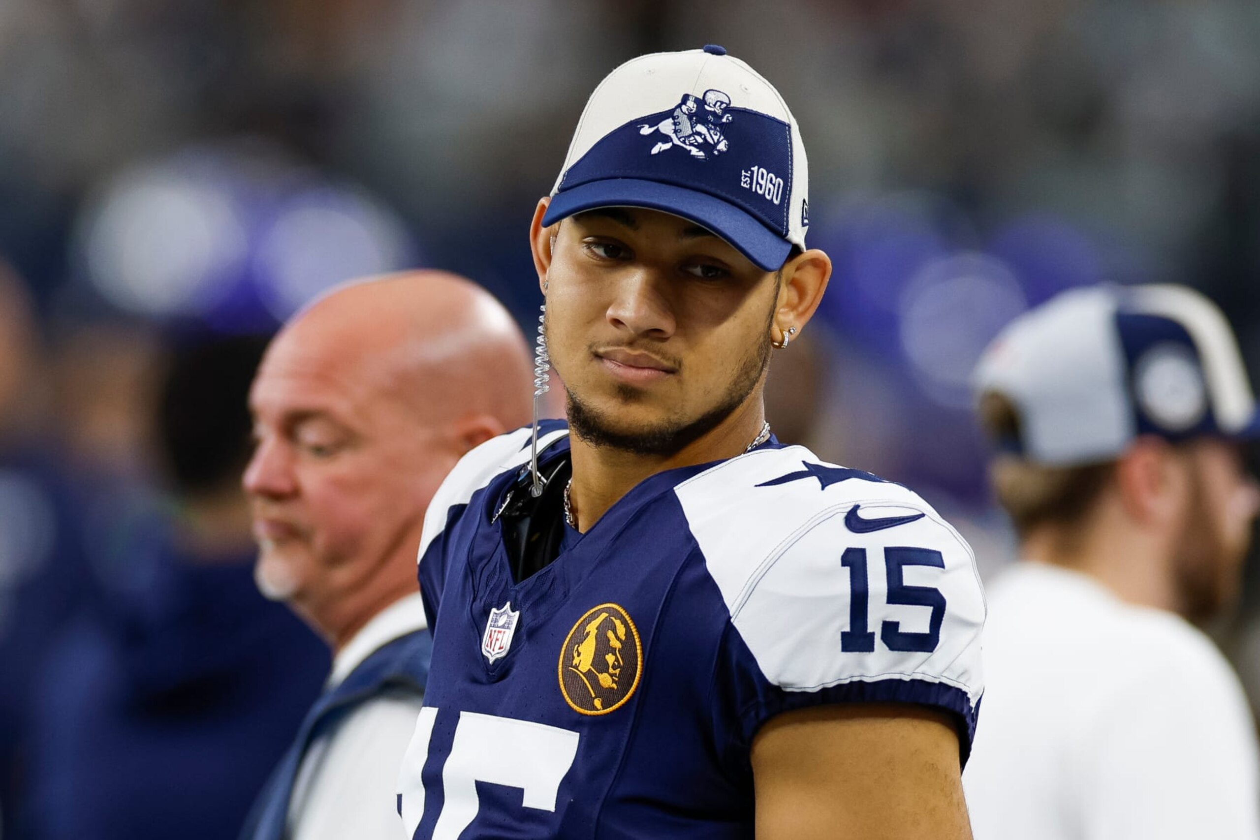 ARLINGTON, TEXAS - NOVEMBER 23: Trey Lance #15 of the Dallas Cowboys on the sideline against the Washington Commanders during the first half at AT&T Stadium on November 23, 2023 in Arlington, Texas. (Photo by Brandon Sloter/Image Of Sport/Getty Images)