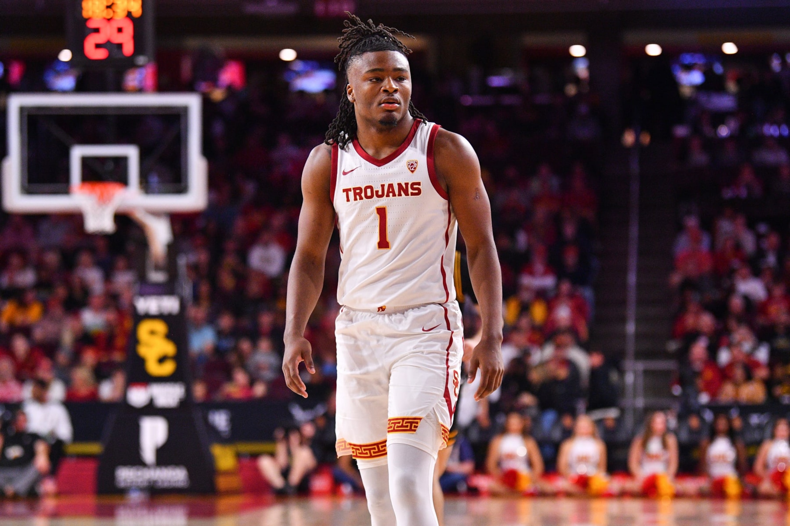 LOS ANGELES, CA - DECEMBER 10: USC Trojans guard Isaiah Collier (1) looks on during the college basketball game between the Long Beach State 49ers and the USC Trojans on December 10, 2023 at Galen Center in Los Angeles, CA. (Photo by Brian Rothmuller/Icon Sportswire via Getty Images)