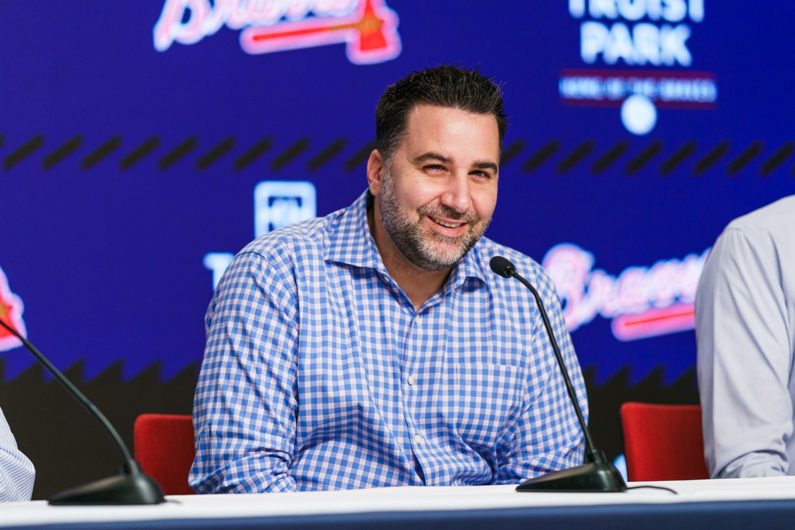 ATLANTA, GA - JULY 18: Atlanta Braves General Manager Alex Anthopoulos speaks to the media before the game against the Arizona Diamondbacks at Truist Park on July 18, 2023 in Atlanta, Georgia. (Photo by Matthew Grimes Jr./Atlanta Braves/Getty Images)