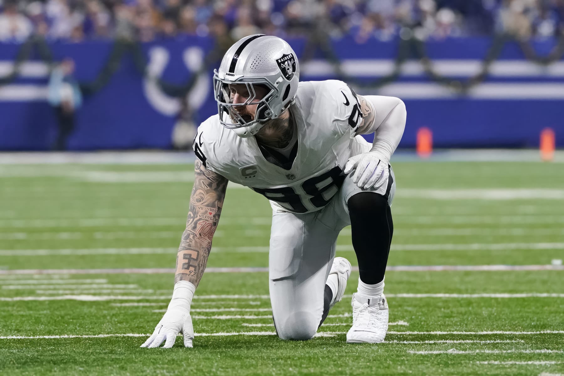 INDIANAPOLIS, INDIANA - DECEMBER 31: Maxx Crosby #98 of the Las Vegas Raiders lines up for a play in the second quarter against the Indianapolis Colts at Lucas Oil Stadium on December 31, 2023 in Indianapolis, Indiana. (Photo by Dylan Buell/Getty Images)