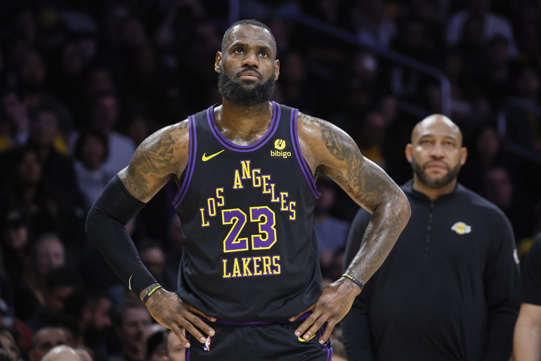 Los Angeles, CA, Tuesday, January 9, 2024 - Los Angeles Lakers forward LeBron James (23) looks on during a break in the action against the Toronto Raptors at Crypto.Com Arena. (Robert Gauthier/Los Angeles Times via Getty Images)