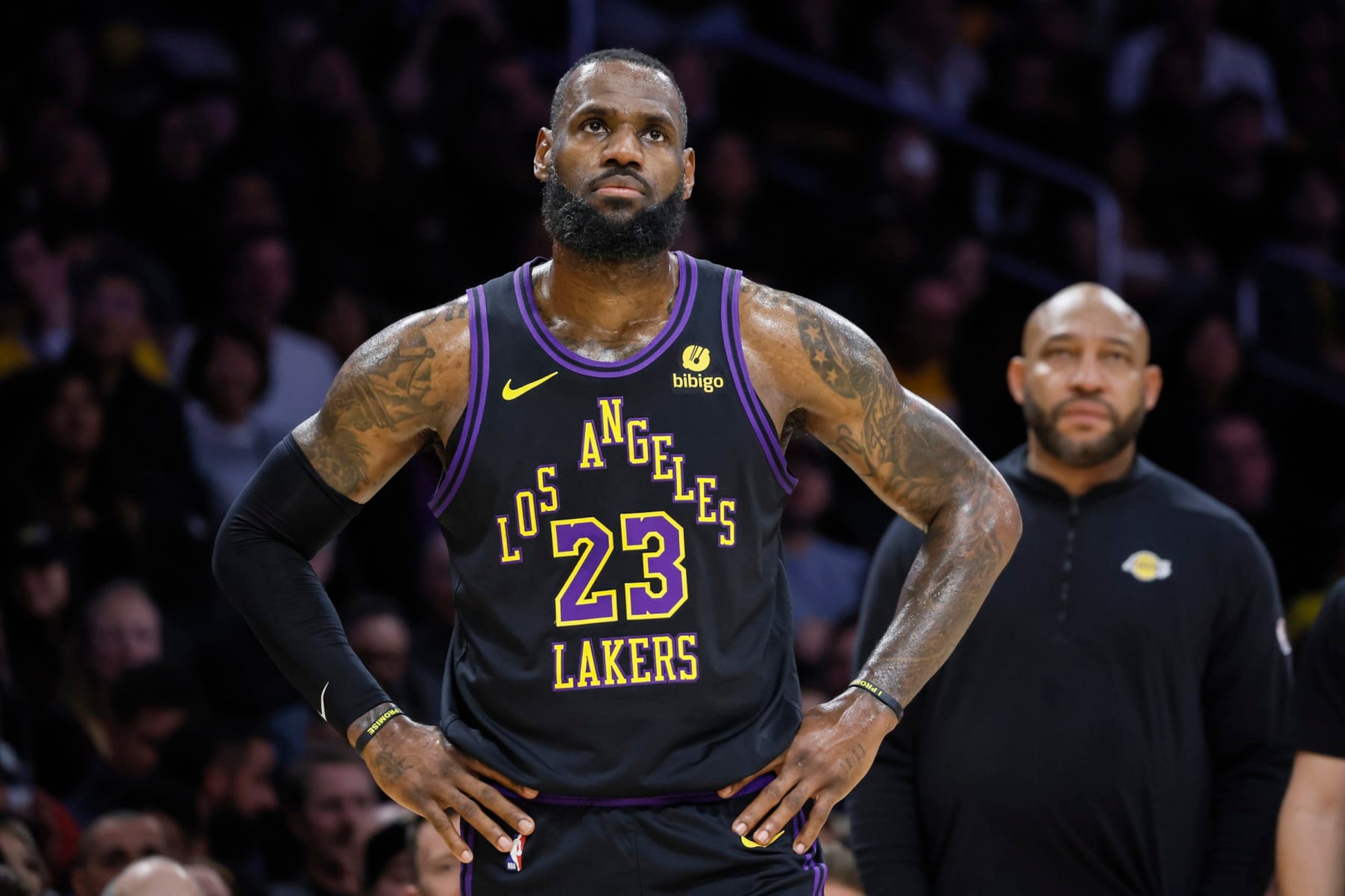 Los Angeles, CA, Tuesday, January 9, 2024 - Los Angeles Lakers forward LeBron James (23) looks on during a break in the action against the Toronto Raptors at Crypto.Com Arena. (Robert Gauthier/Los Angeles Times via Getty Images)
