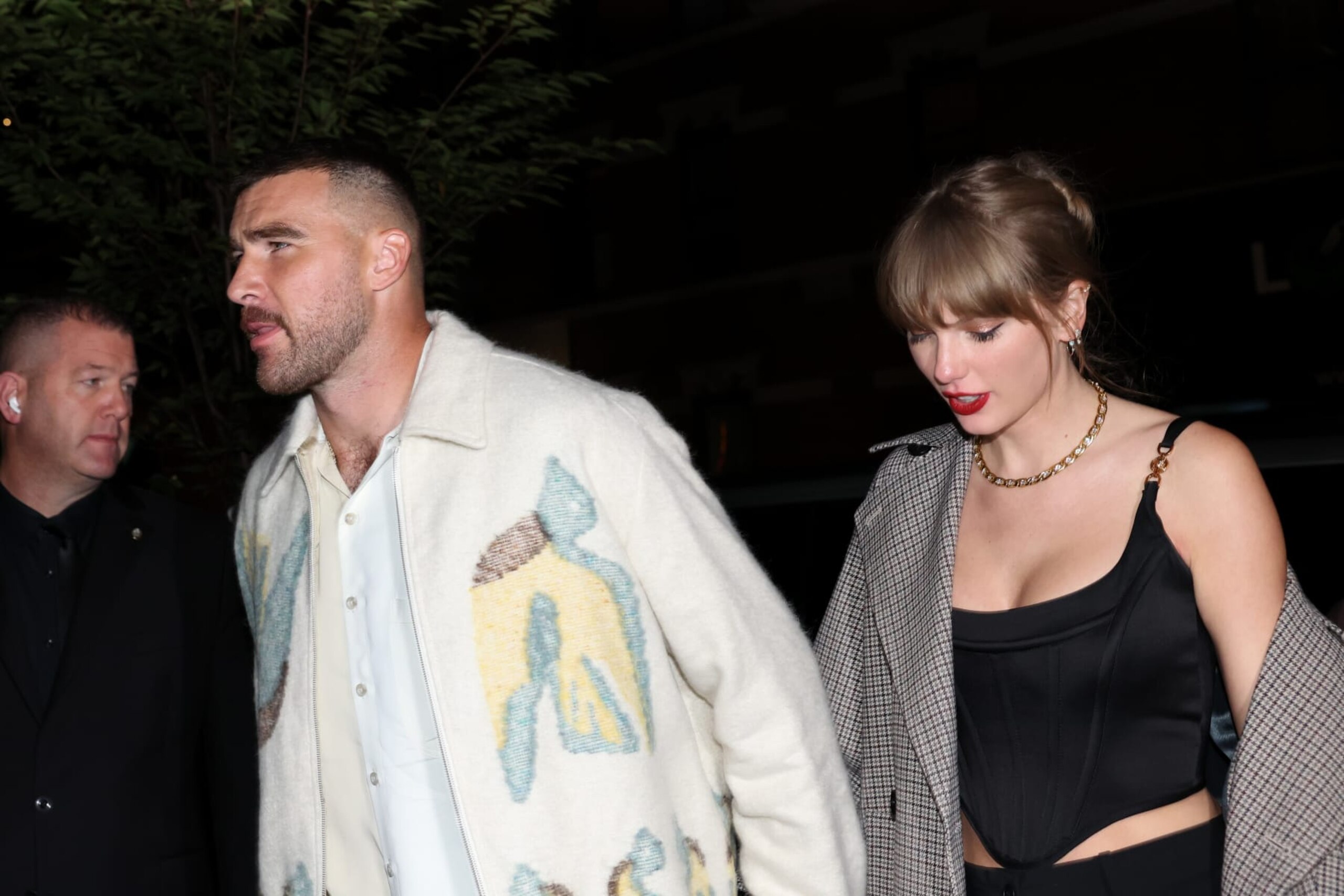 NEW YORK, NEW YORK - OCTOBER 14: Travis Kelce and Taylor Swift attend CATCH Steak on October 14, 2023 in New York City. (Photo by Johnny Nunez/WireImage) NEW YORK, NEW YORK - OCTOBER 14: Travis Kelce and Taylor Swift attend CATCH Steak on October 14, 2023 in New York City. (Photo by Johnny Nunez/WireImage)