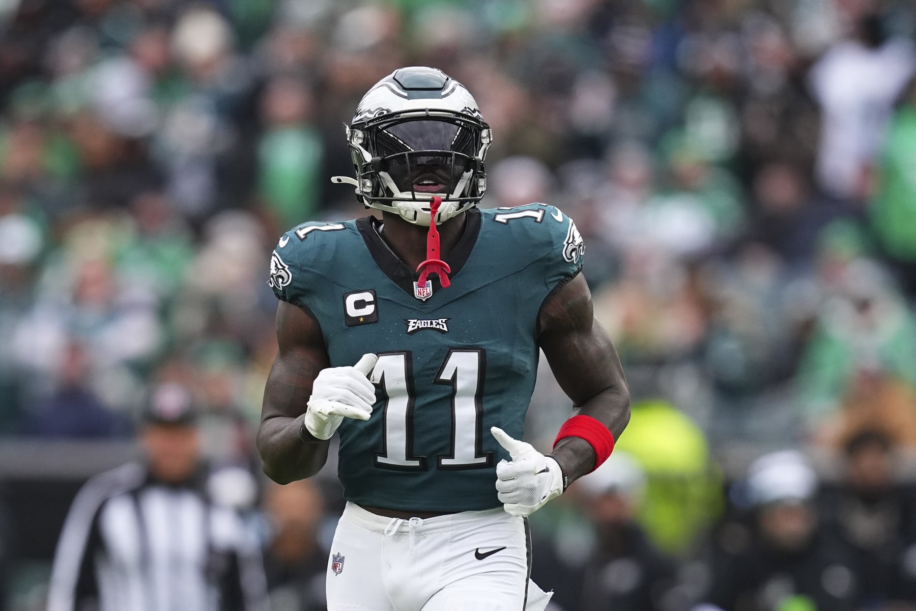 PHILADELPHIA, PENNSYLVANIA - DECEMBER 31: A.J. Brown #11 of the Philadelphia Eagles looks on against the Arizona Cardinals at Lincoln Financial Field on December 31, 2023 in Philadelphia, Pennsylvania. (Photo by Mitchell Leff/Getty Images)
