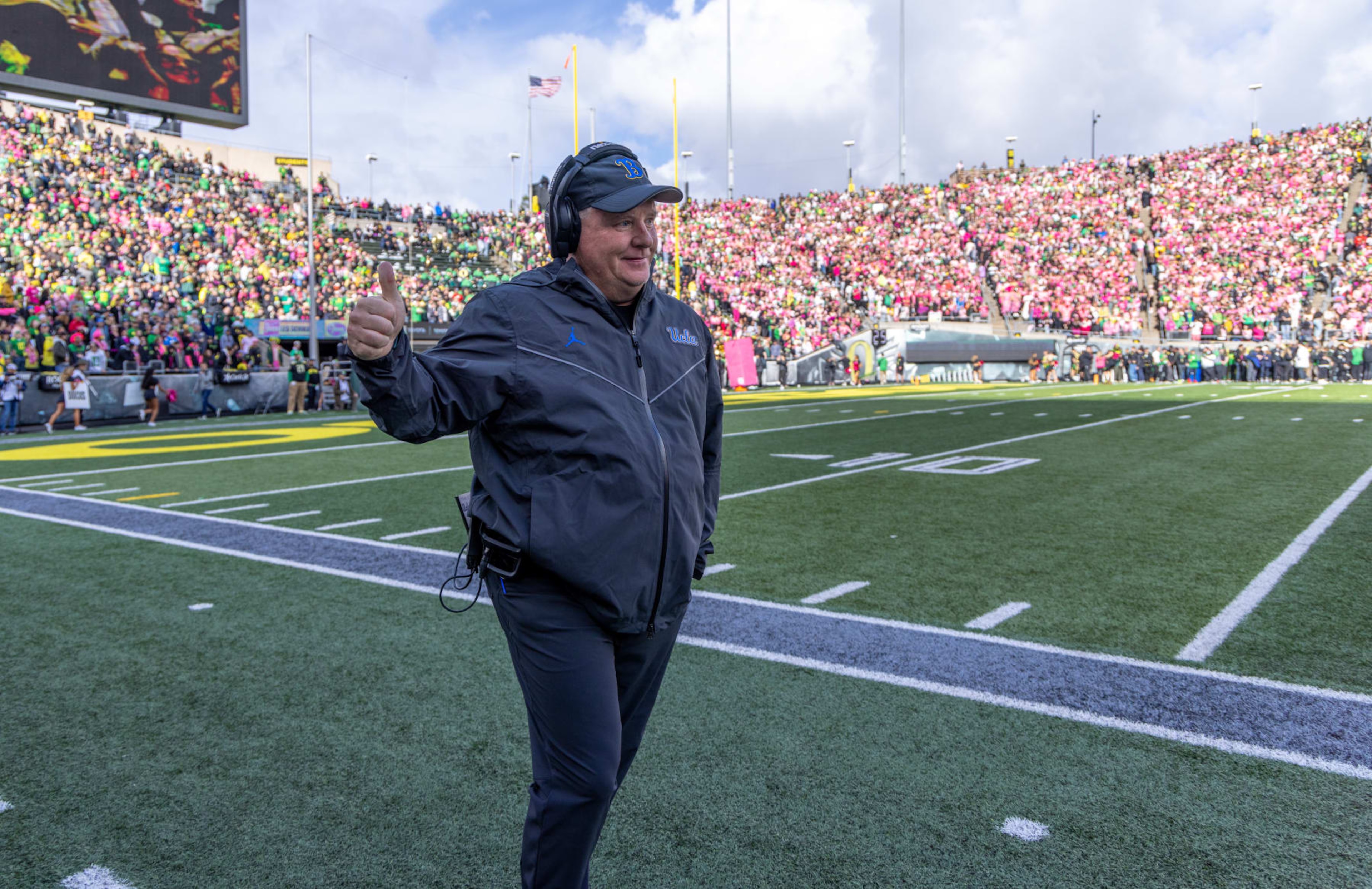 EUGENE, OR - OCTOBER 22: Head coach of the UCLA Bruins Chip Kelly stands on the sidelines during the first half against the Oregon Ducks at Autzen Stadium on October 22, 2022 in Eugene, Oregon. (Photo by Tom Hauck/Getty Images)