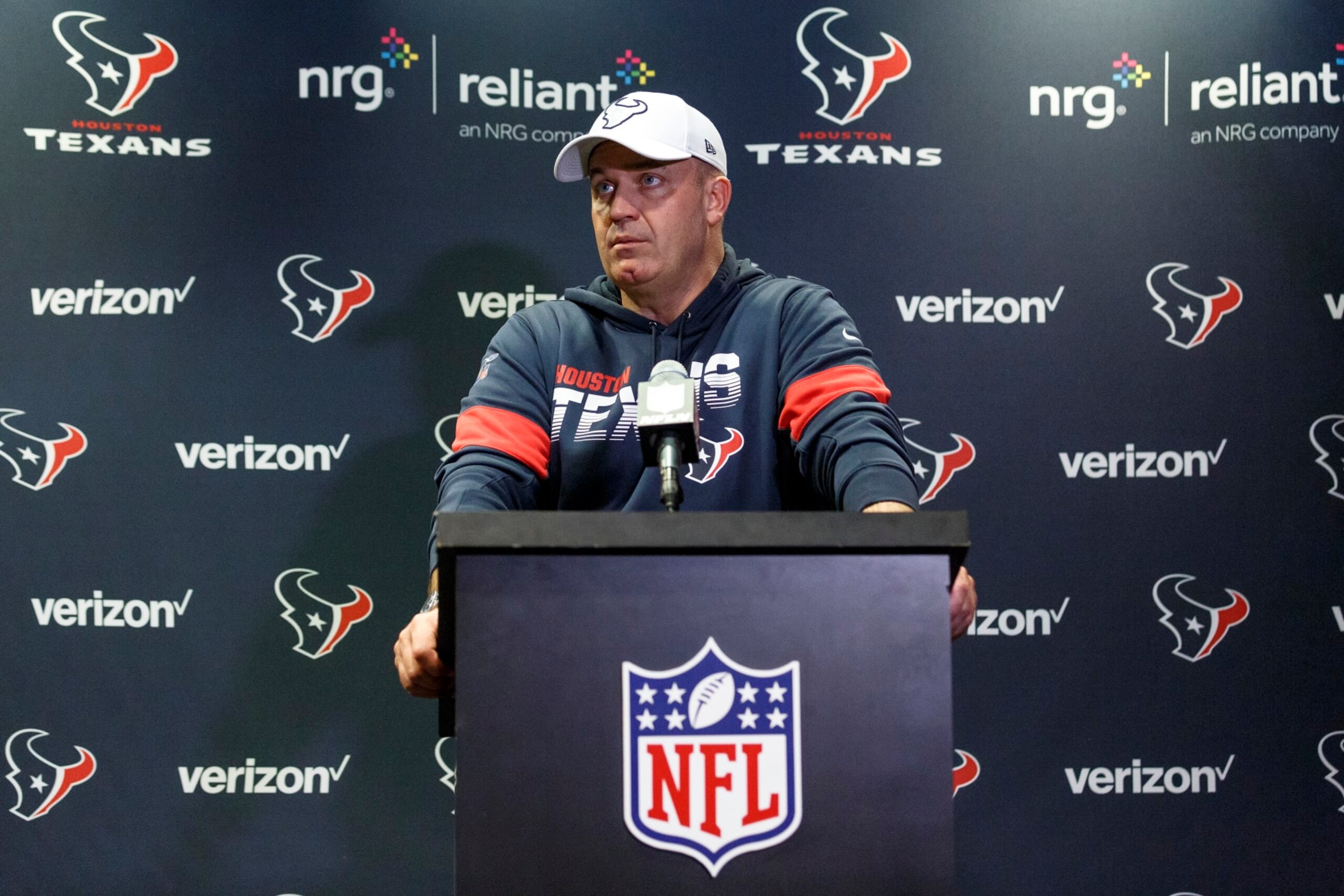TAMPA, FL - DECEMBER 21: Head Coach Bill O'Brien of the Houston Texans talk with the media during his post game press conference after the game against the Tampa Bay Buccaneers at Raymond James Stadium on December 21, 2019 in Tampa, Florida. The Texans defeated the Buccaneers 23 to 20. (Photo by Don Juan Moore/Getty Images)