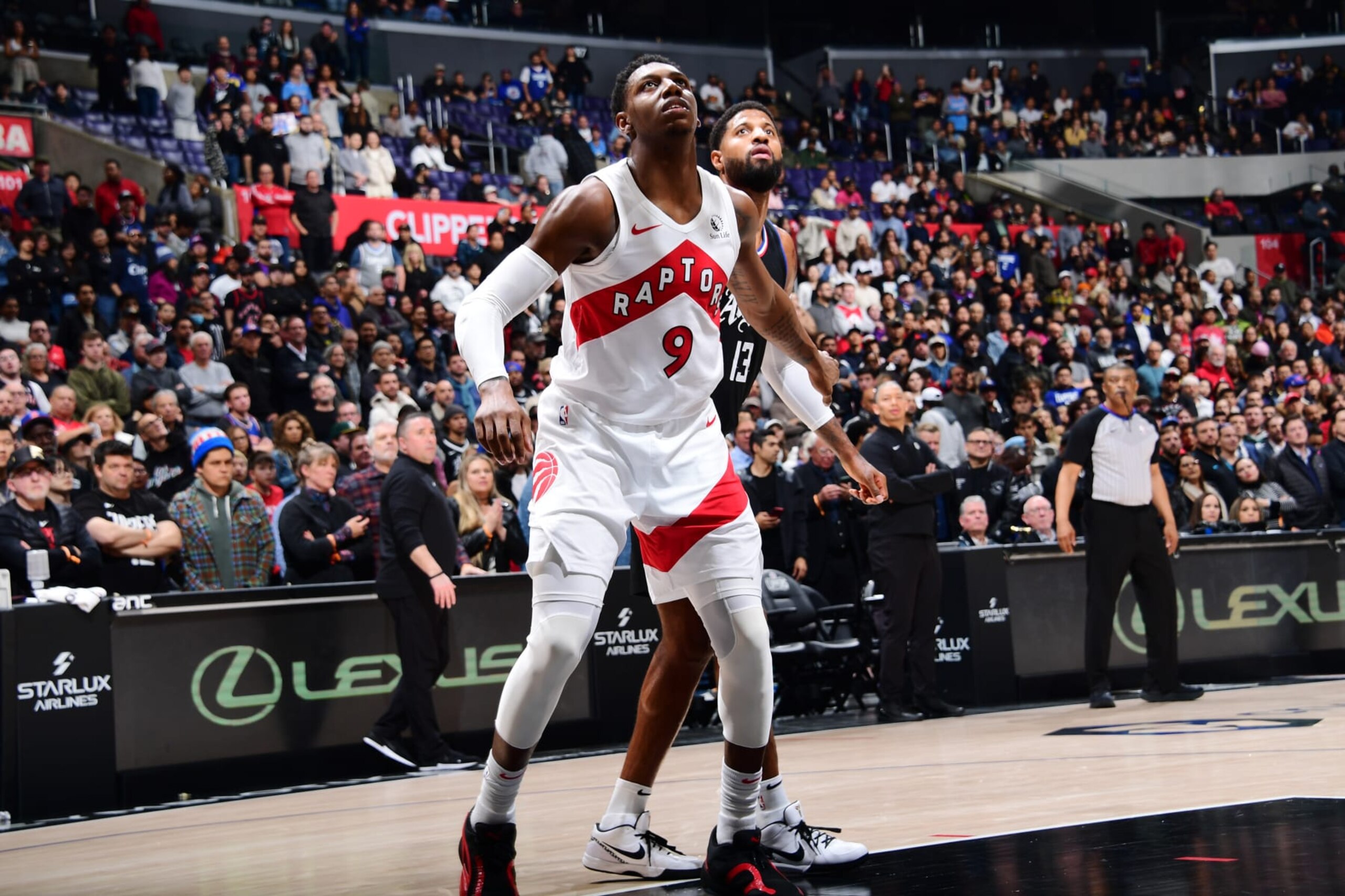 LOS ANGELES, CA - JANUARY 10: RJ Barrett #9 of the Toronto Raptors look on during the game against the LA Clippers on January 10, 2024 at Crypto.Com Arena in Los Angeles, California. NOTE TO USER: User expressly acknowledges and agrees that, by downloading and/or using this Photograph, user is consenting to the terms and conditions of the Getty Images License Agreement. Mandatory Copyright Notice: Copyright 2024 NBAE (Photo by Adam Pantozzi/NBAE via Getty Images)