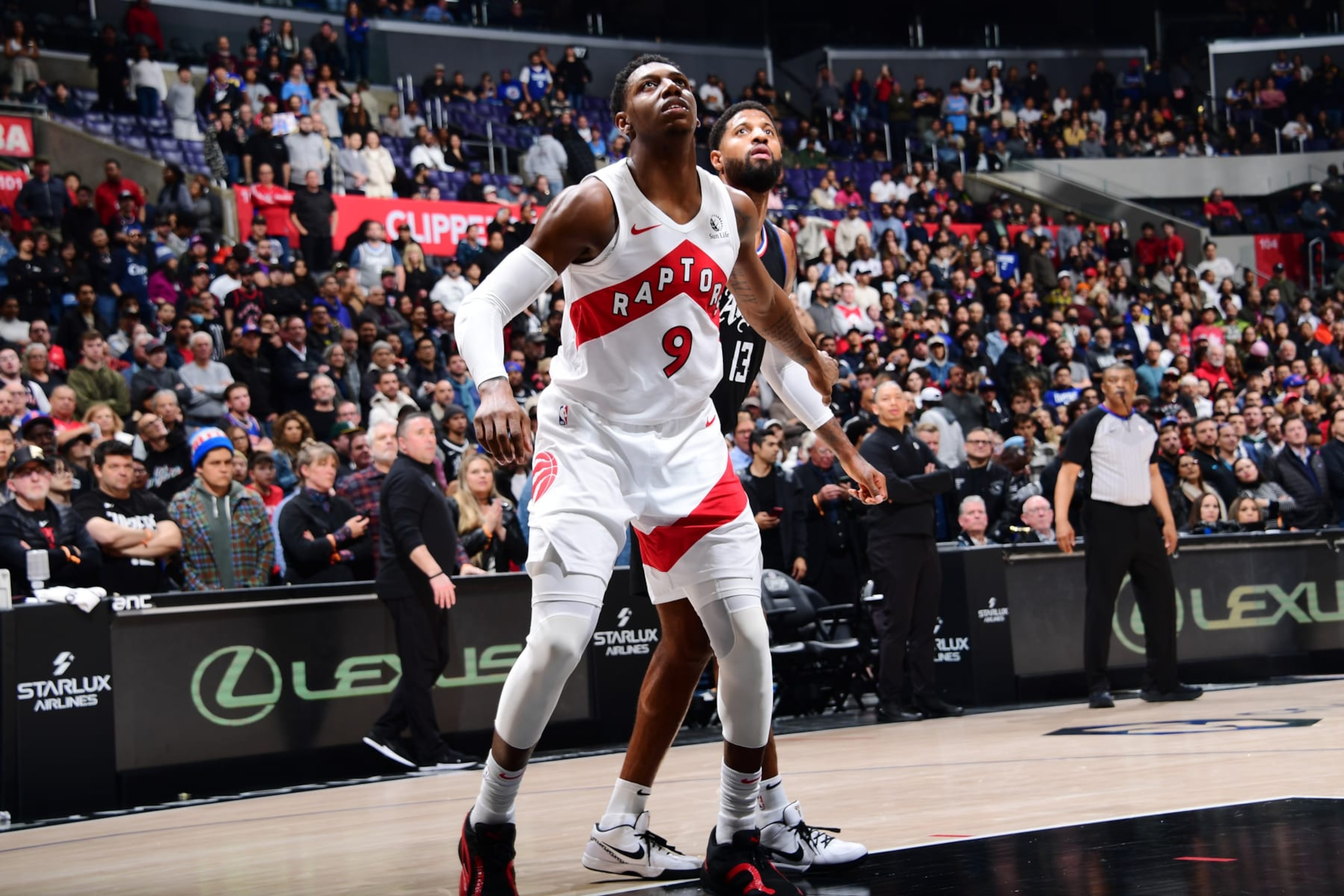 LOS ANGELES, CA - JANUARY 10: RJ Barrett #9 of the Toronto Raptors look on during the game against the LA Clippers on January 10, 2024 at Crypto.Com Arena in Los Angeles, California. NOTE TO USER: User expressly acknowledges and agrees that, by downloading and/or using this Photograph, user is consenting to the terms and conditions of the Getty Images License Agreement. Mandatory Copyright Notice: Copyright 2024 NBAE (Photo by Adam Pantozzi/NBAE via Getty Images)