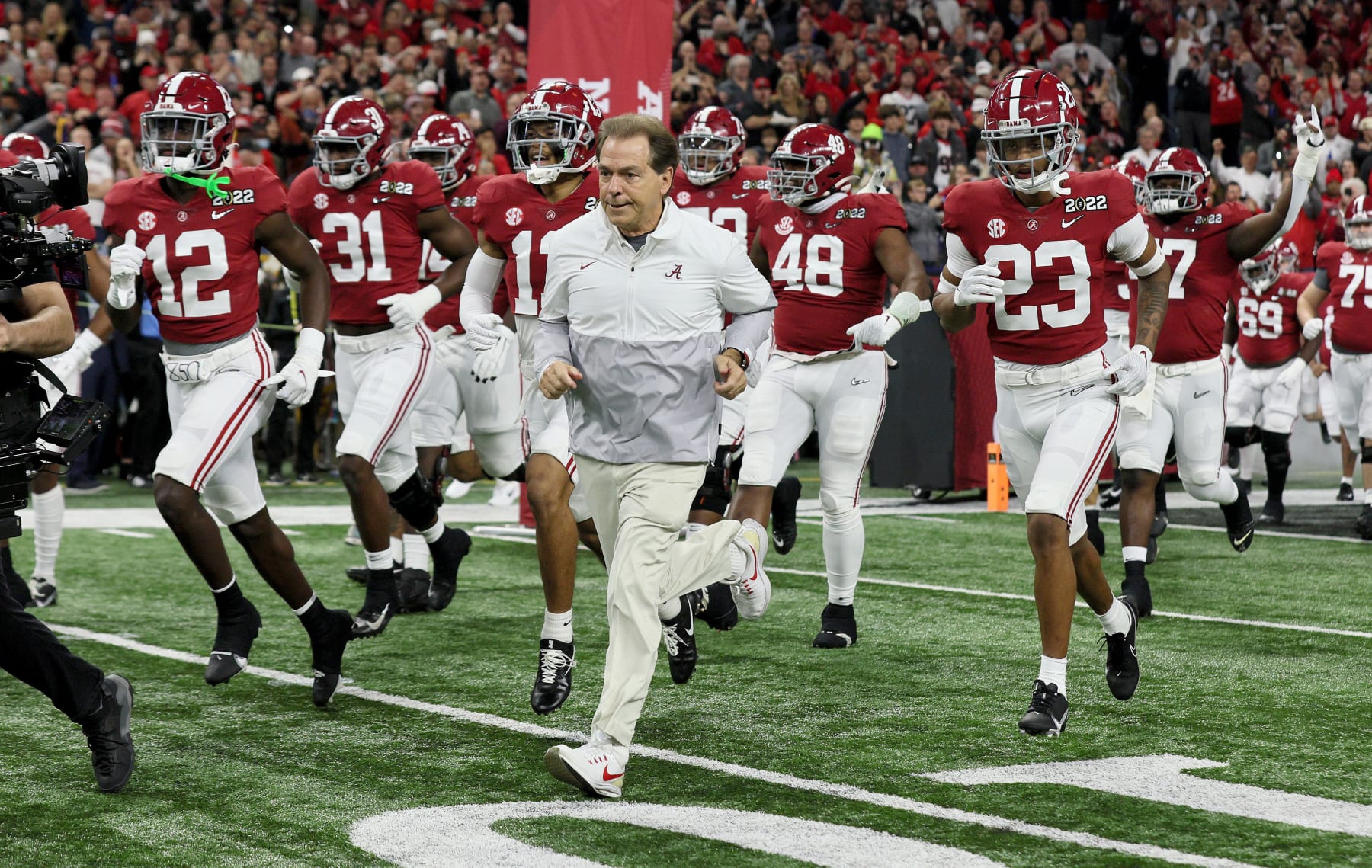 INDIANAPOLIS, INDIANA - JANUARY 10:  Nick Saban the head coach of the Alabama Crimson Tide against the Georgia Bulldogs at Lucas Oil Stadium on January 10, 2022 in Indianapolis, Indiana. (Photo by Andy Lyons/Getty Images)