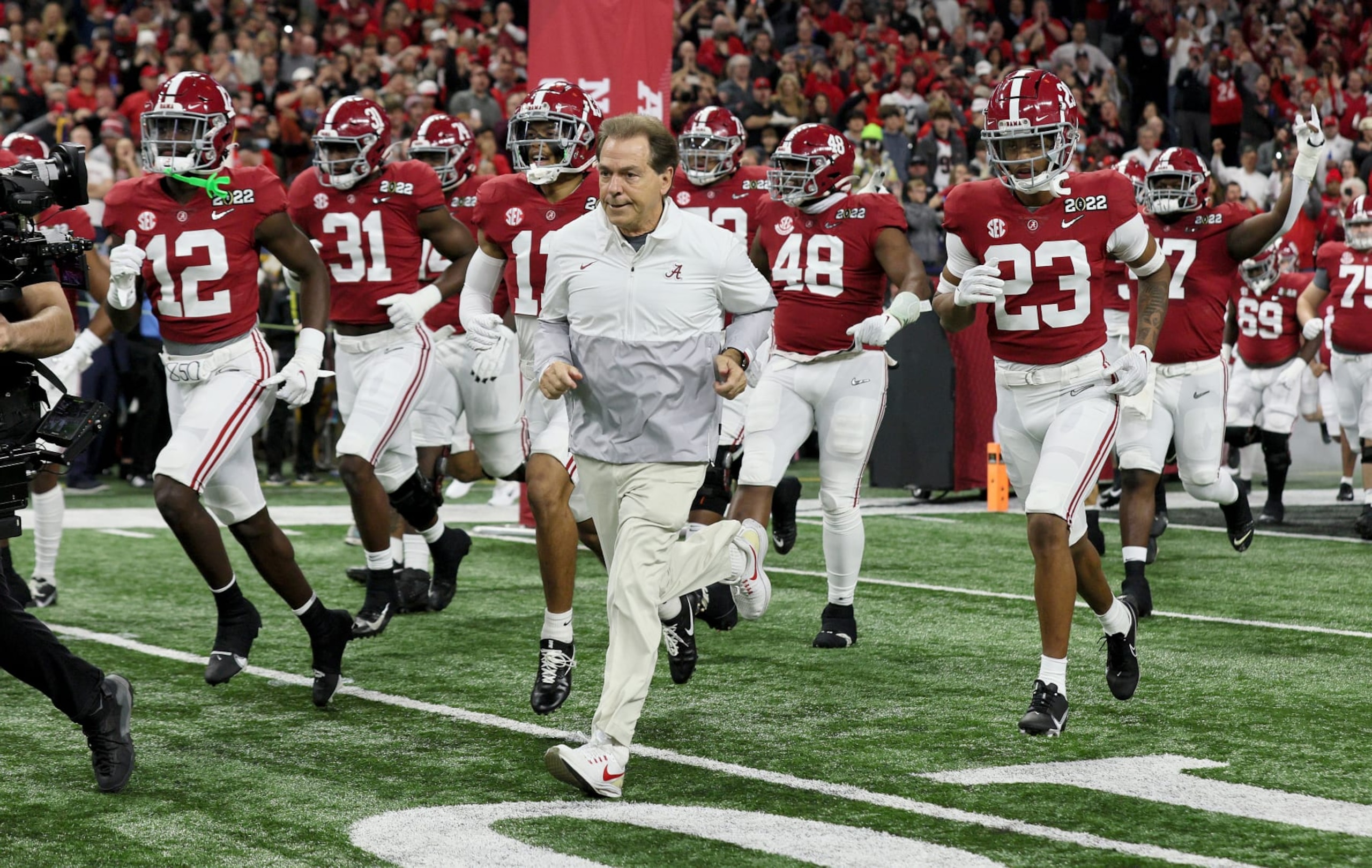 INDIANAPOLIS, INDIANA - JANUARY 10:  Nick Saban the head coach of the Alabama Crimson Tide against the Georgia Bulldogs at Lucas Oil Stadium on January 10, 2022 in Indianapolis, Indiana. (Photo by Andy Lyons/Getty Images)
