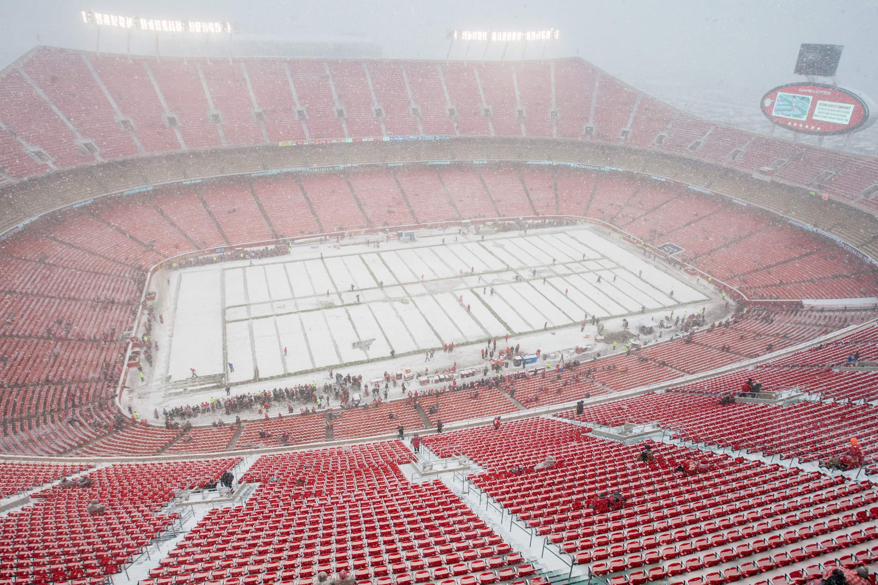 KANSAS CITY, MO - DECEMBER 15: Interior view of Arrowhead Stadium and it's snowy field prior to the game between the Denver Broncos and the Kansas City Chiefs on Sunday December 15, 2019 in Kansas City, MO.  (Photo by Nick Tre. Smith/Icon Sportswire via Getty Images)