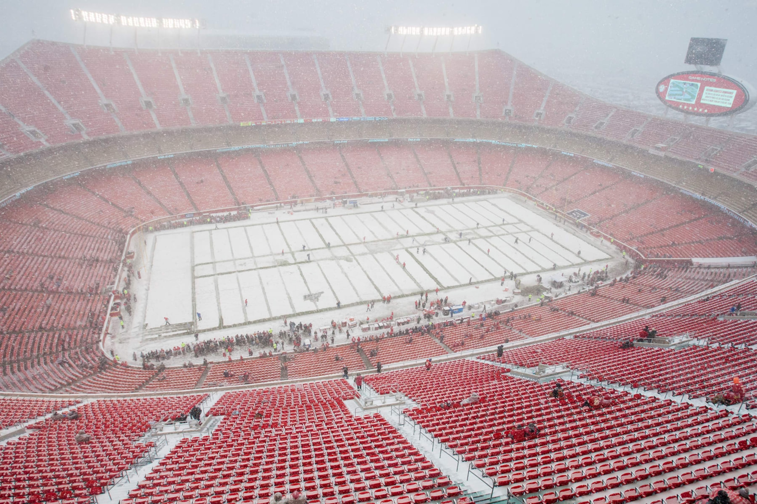 KANSAS CITY, MO - DECEMBER 15: Interior view of Arrowhead Stadium and it's snowy field prior to the game between the Denver Broncos and the Kansas City Chiefs on Sunday December 15, 2019 in Kansas City, MO.  (Photo by Nick Tre. Smith/Icon Sportswire via Getty Images)