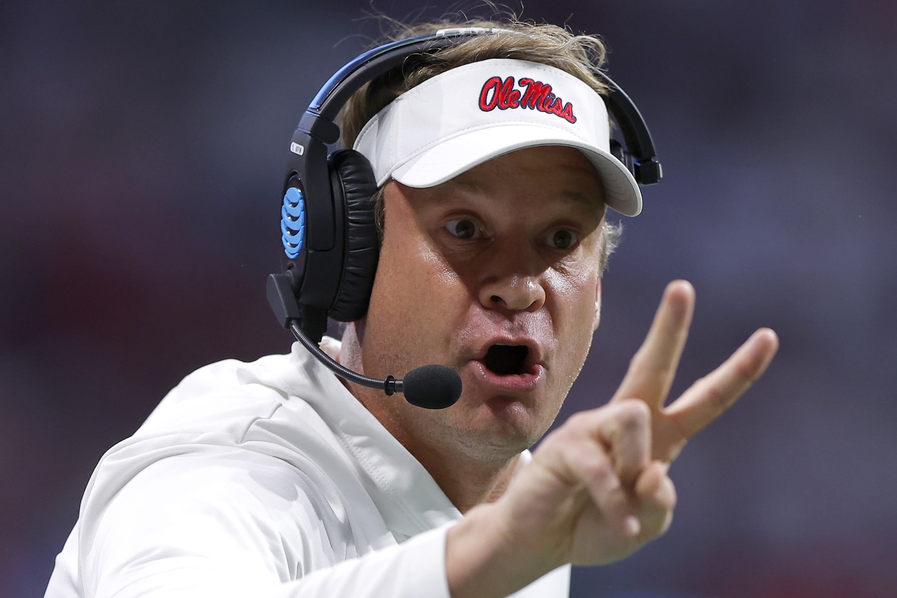 ATLANTA, GEORGIA - DECEMBER 30: Head coach Lane Kiffin of the Mississippi Rebels gestures for a two-point conversion against the Penn State Nittany Lions during the third quarter in the Chick-fil-A Peach Bowl at Mercedes-Benz Stadium on December 30, 2023 in Atlanta, Georgia. (Photo by Todd Kirkland/Getty Images)
