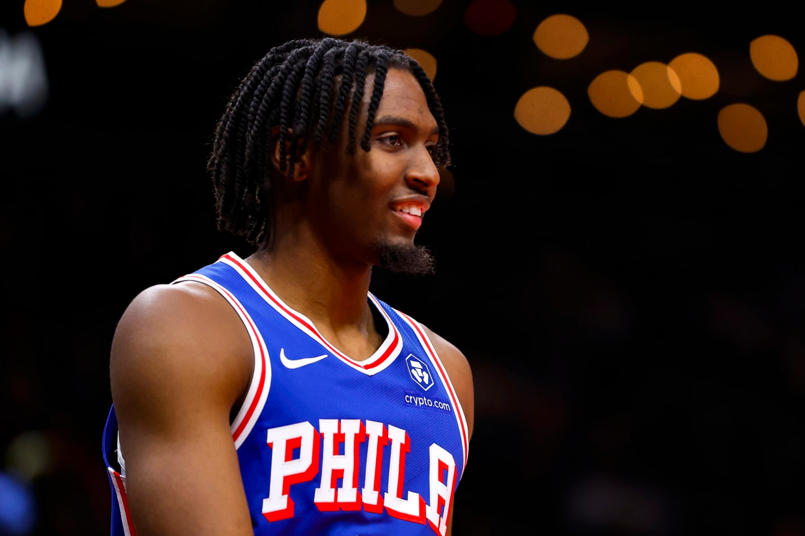 ATLANTA, GEORGIA - JANUARY 10: Tyrese Maxey #0 of the Philadelphia 76ers reacts during the first quarter against the Atlanta Hawks at State Farm Arena on January 10, 2024 in Atlanta, Georgia. NOTE TO USER: User expressly acknowledges and agrees that, by downloading and or using this photograph, User is consenting to the terms and conditions of the Getty Images License Agreement. (Photo by Todd Kirkland/Getty Images)