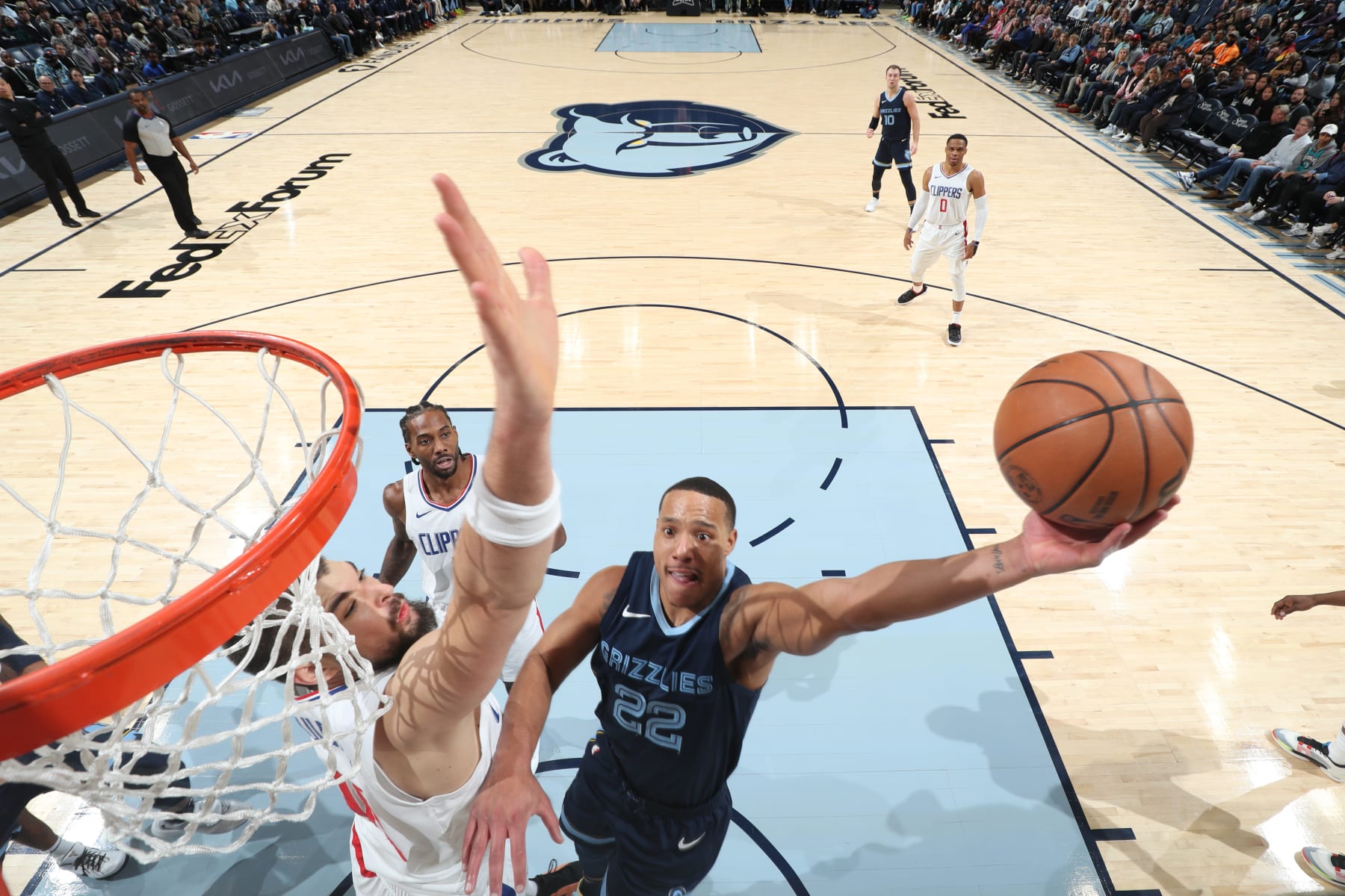 MEMPHIS, TN - JANUARY 12: Desmond Bane #22 of the Memphis Grizzlies drives to the basket during the game against the LA Clippers  on January 12, 2024 at FedExForum in Memphis, Tennessee. NOTE TO USER: User expressly acknowledges and agrees that, by downloading and or using this photograph, User is consenting to the terms and conditions of the Getty Images License Agreement. Mandatory Copyright Notice: Copyright 2024 NBAE (Photo by Joe Murphy/NBAE via Getty Images)