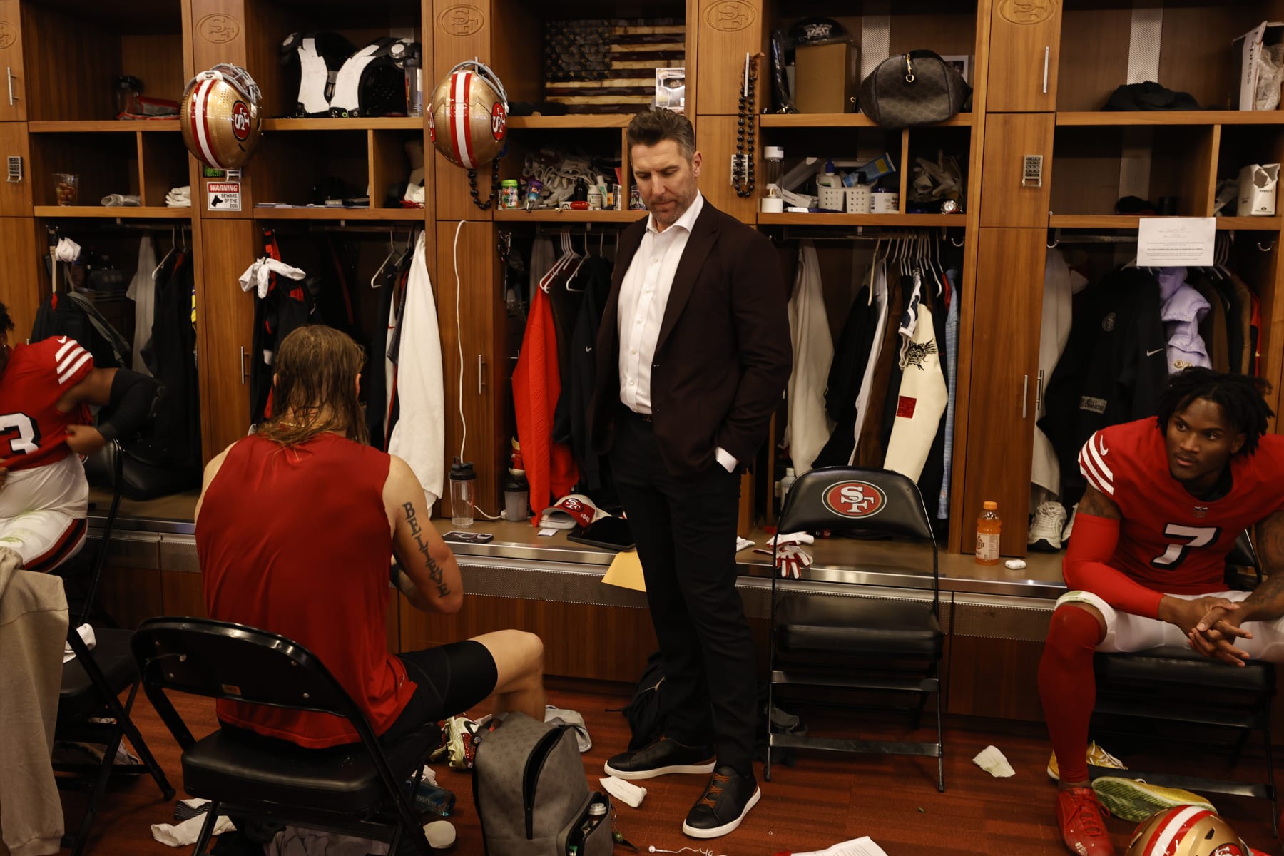SANTA CLARA, CA - DECEMBER 25: Assistant General Manager Adam Peters of the San Francisco 49ers in the locker room after the game against the Baltimore Ravens at Levi's Stadium on December 25, 2023 in Santa Clara, California. The Ravens defeated the 49ers 33-19. (Photo by Michael Zagaris/San Francisco 49ers/Getty Images)