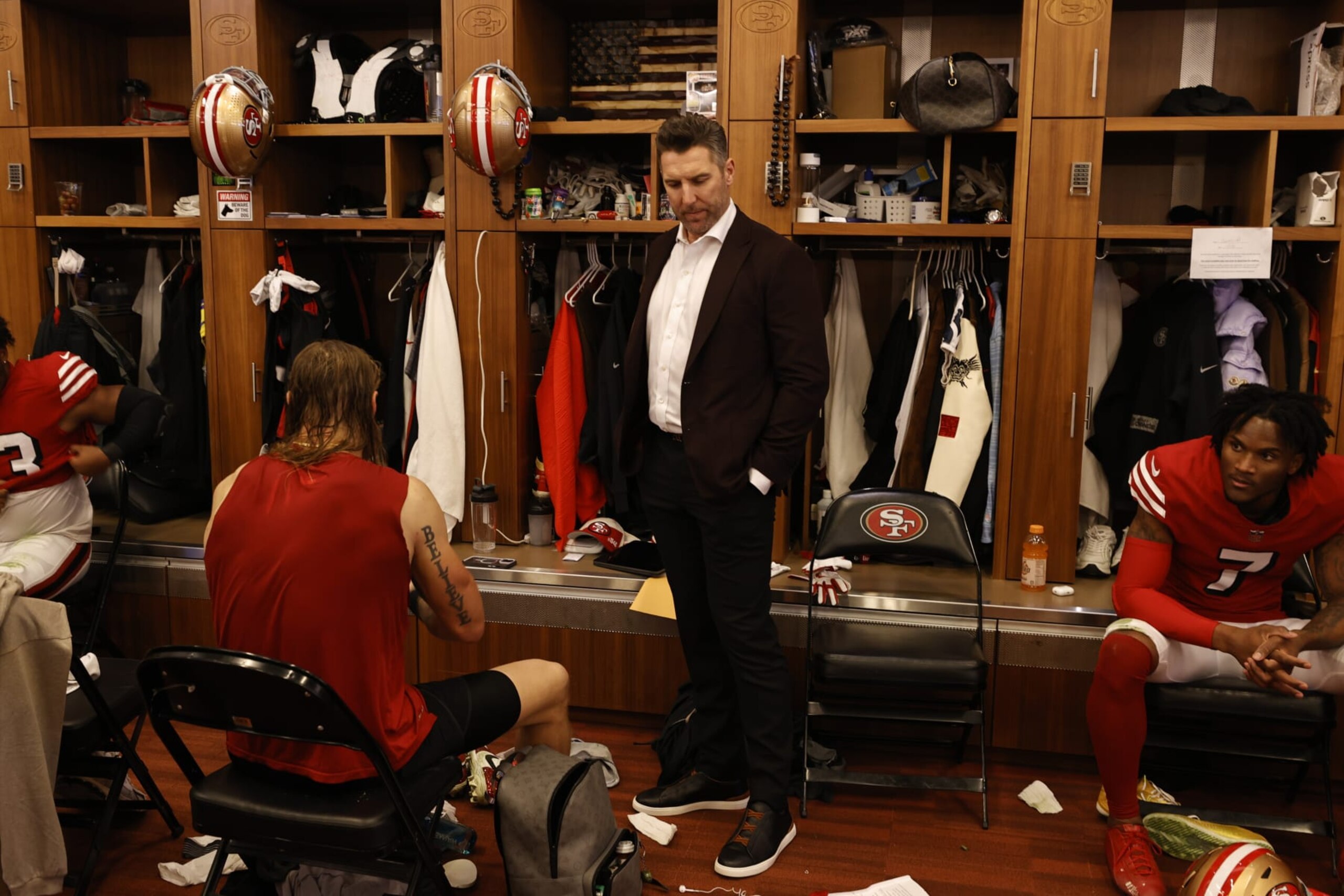 SANTA CLARA, CA - DECEMBER 25: Assistant General Manager Adam Peters of the San Francisco 49ers in the locker room after the game against the Baltimore Ravens at Levi's Stadium on December 25, 2023 in Santa Clara, California. The Ravens defeated the 49ers 33-19. (Photo by Michael Zagaris/San Francisco 49ers/Getty Images)