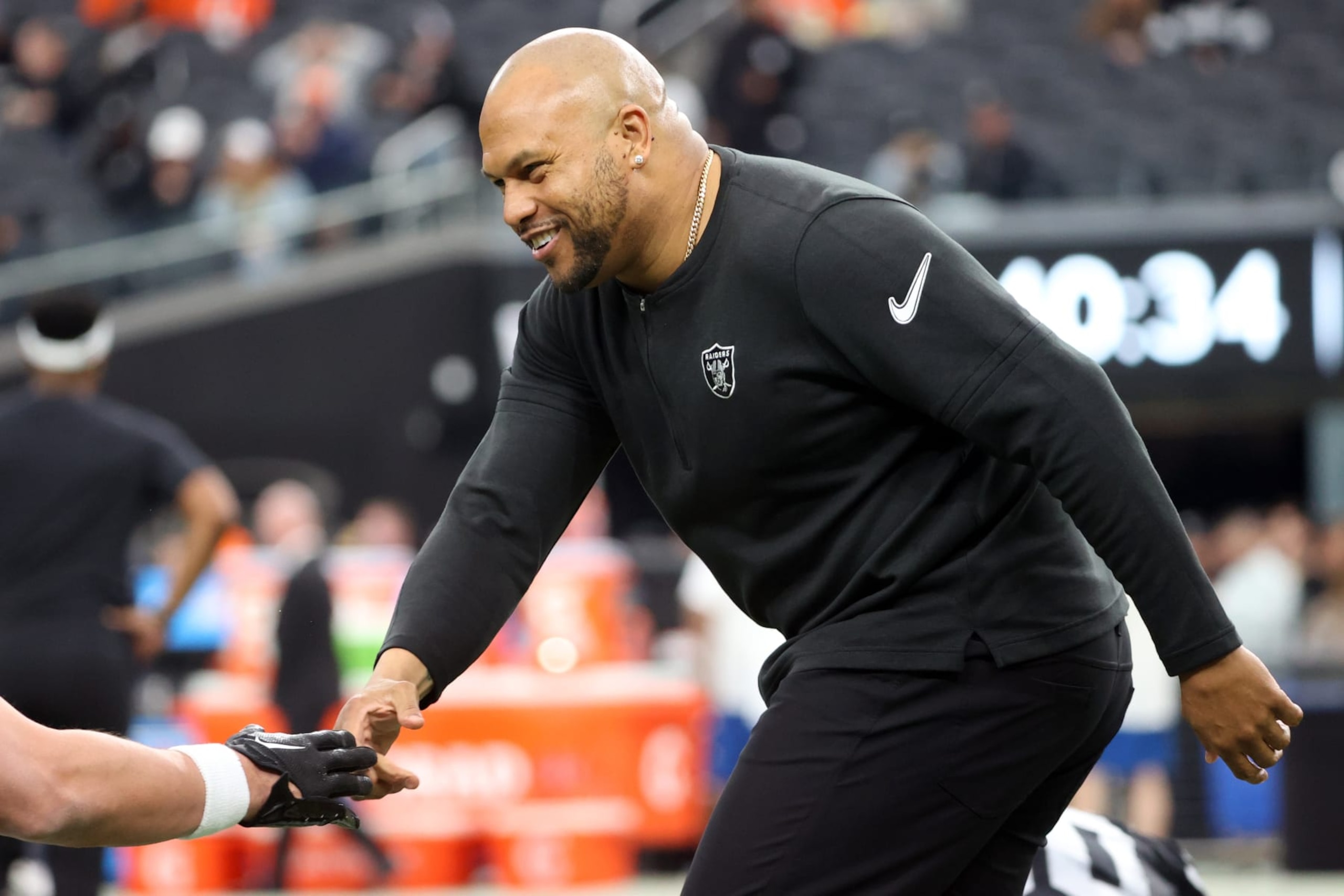 LAS VEGAS, NEVADA - JANUARY 07: Interim head coach Antonio Pierce of the Las Vegas Raiders reacts prior to the game against the Denver Broncos at Allegiant Stadium on January 07, 2024 in Las Vegas, Nevada. (Photo by Ian Maule/Getty Images)