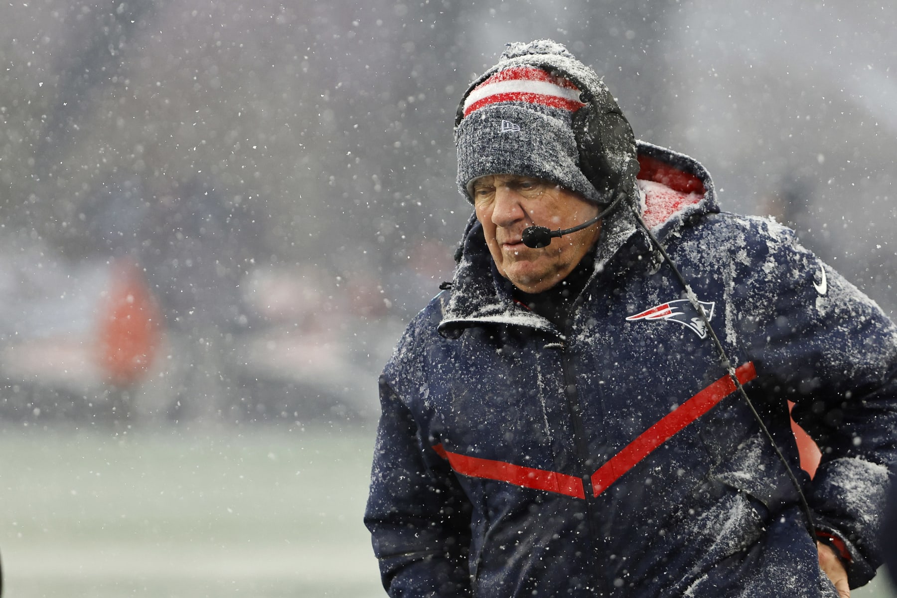 FOXBOROUGH, MA - JANUARY 7: Head coach Bill Belichick of the New England Patriots along the sidelines during their game against the New York Jets at Gillette Stadium on January 7, 2024 in Foxborough, Massachusetts.(Photo By Winslow Townson/Getty Images)