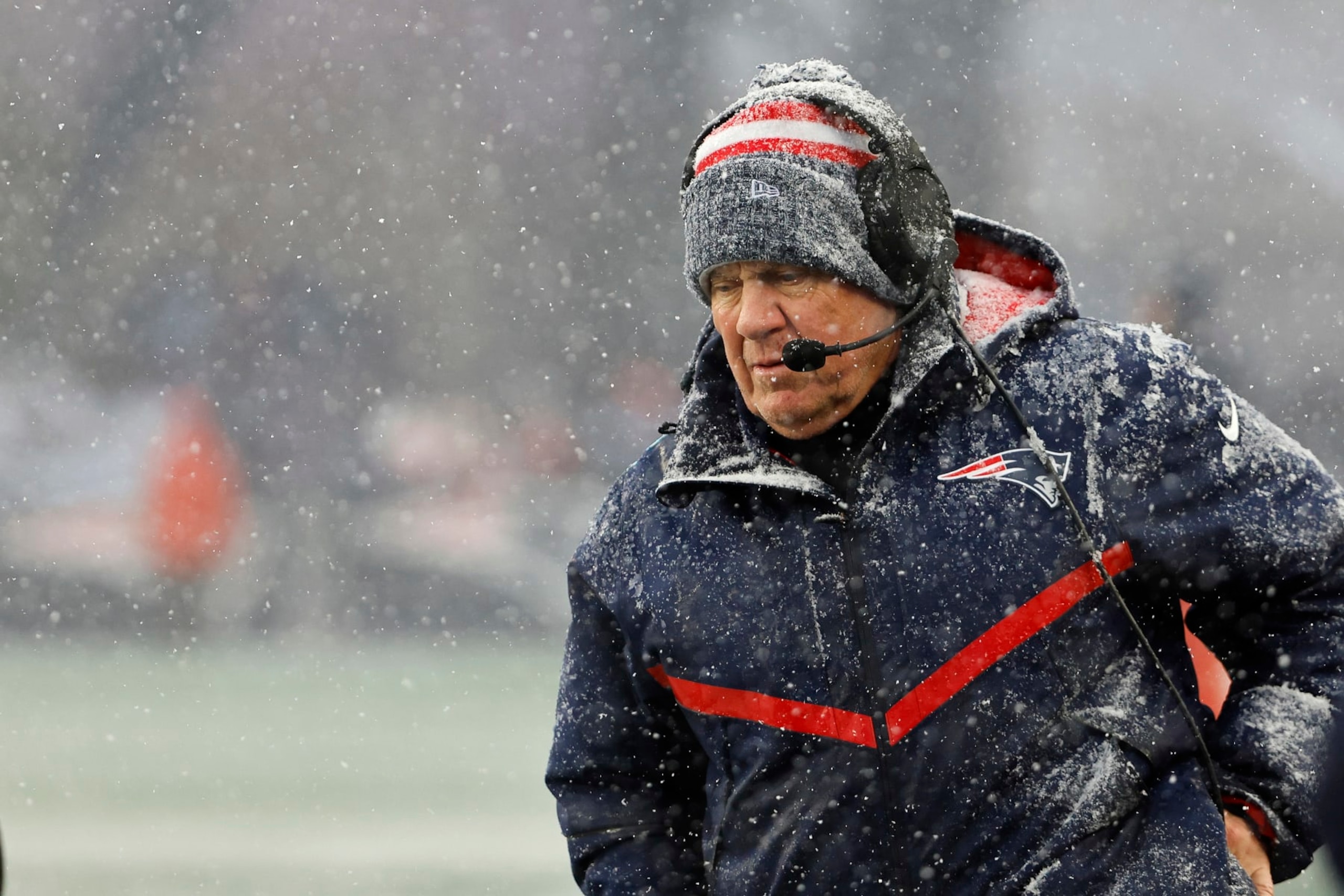 FOXBOROUGH, MA - JANUARY 7: Head coach Bill Belichick of the New England Patriots along the sidelines during their game against the New York Jets at Gillette Stadium on January 7, 2024 in Foxborough, Massachusetts.(Photo By Winslow Townson/Getty Images)