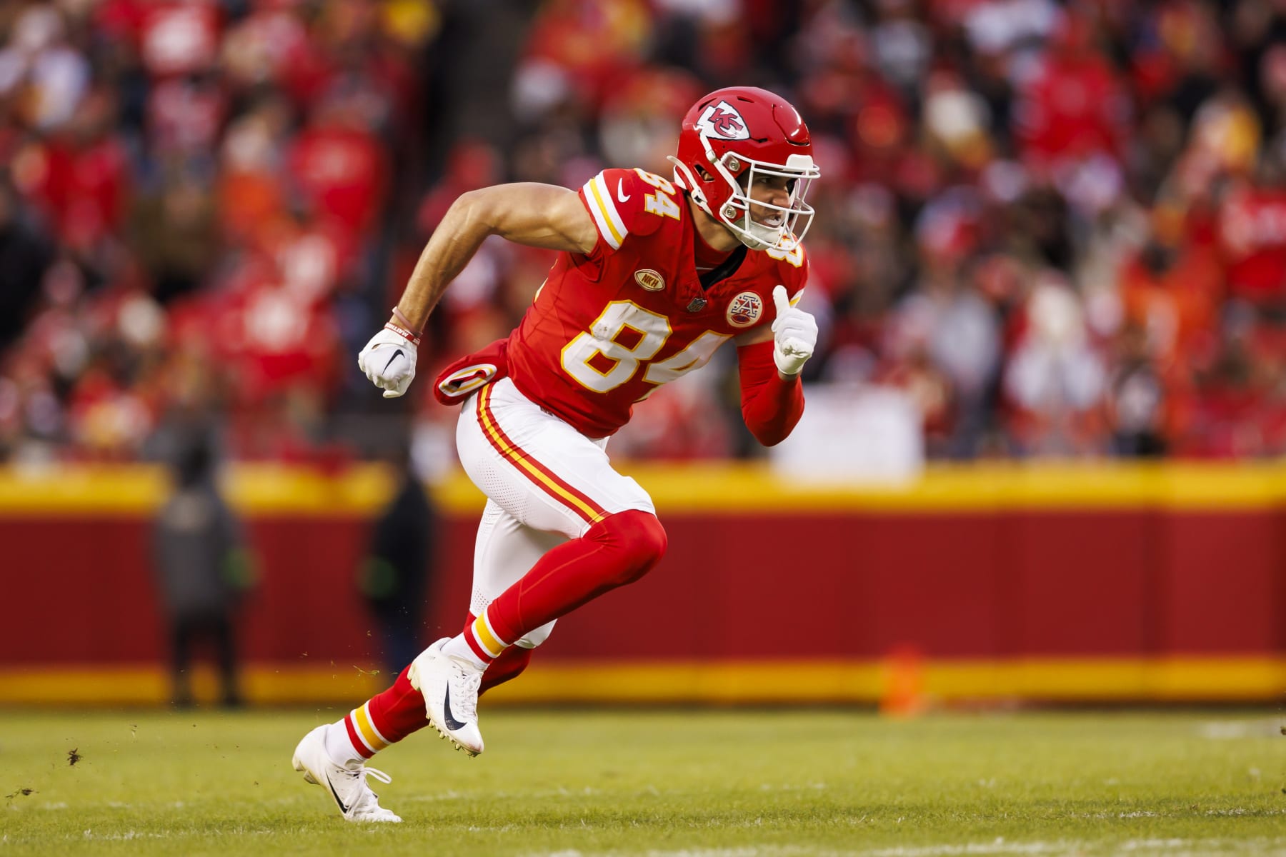 KANSAS CITY, MISSOURI - DECEMBER 31: Justin Watson #84 of the Kansas City Chiefs runs a route during an NFL football game against the Cincinnati Bengals at GEHA Field at Arrowhead Stadium on December 31, 2023 in Kansas City, Missouri. (Photo by Ryan Kang/Getty Images)