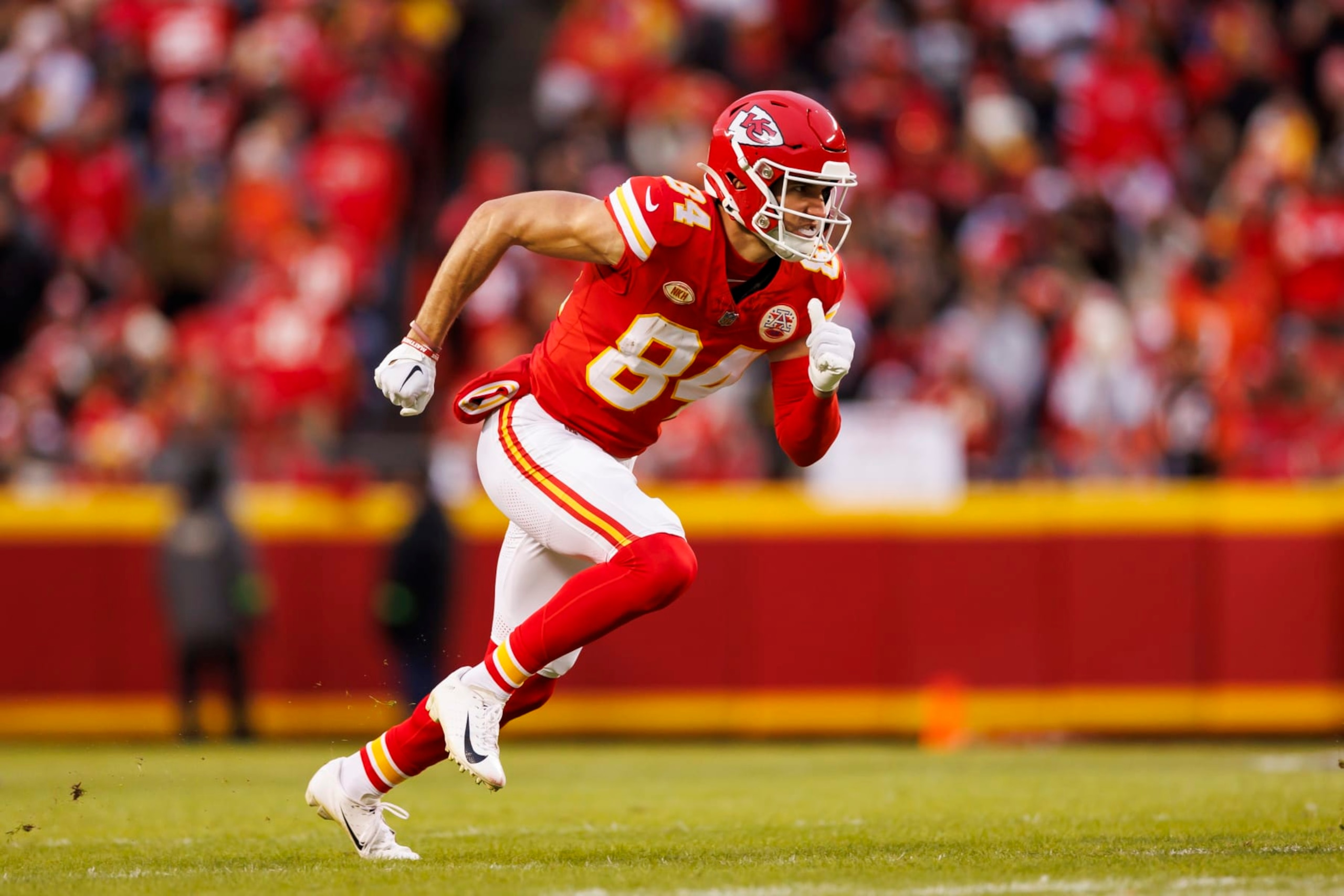 KANSAS CITY, MISSOURI - DECEMBER 31: Justin Watson #84 of the Kansas City Chiefs runs a route during an NFL football game against the Cincinnati Bengals at GEHA Field at Arrowhead Stadium on December 31, 2023 in Kansas City, Missouri. (Photo by Ryan Kang/Getty Images)