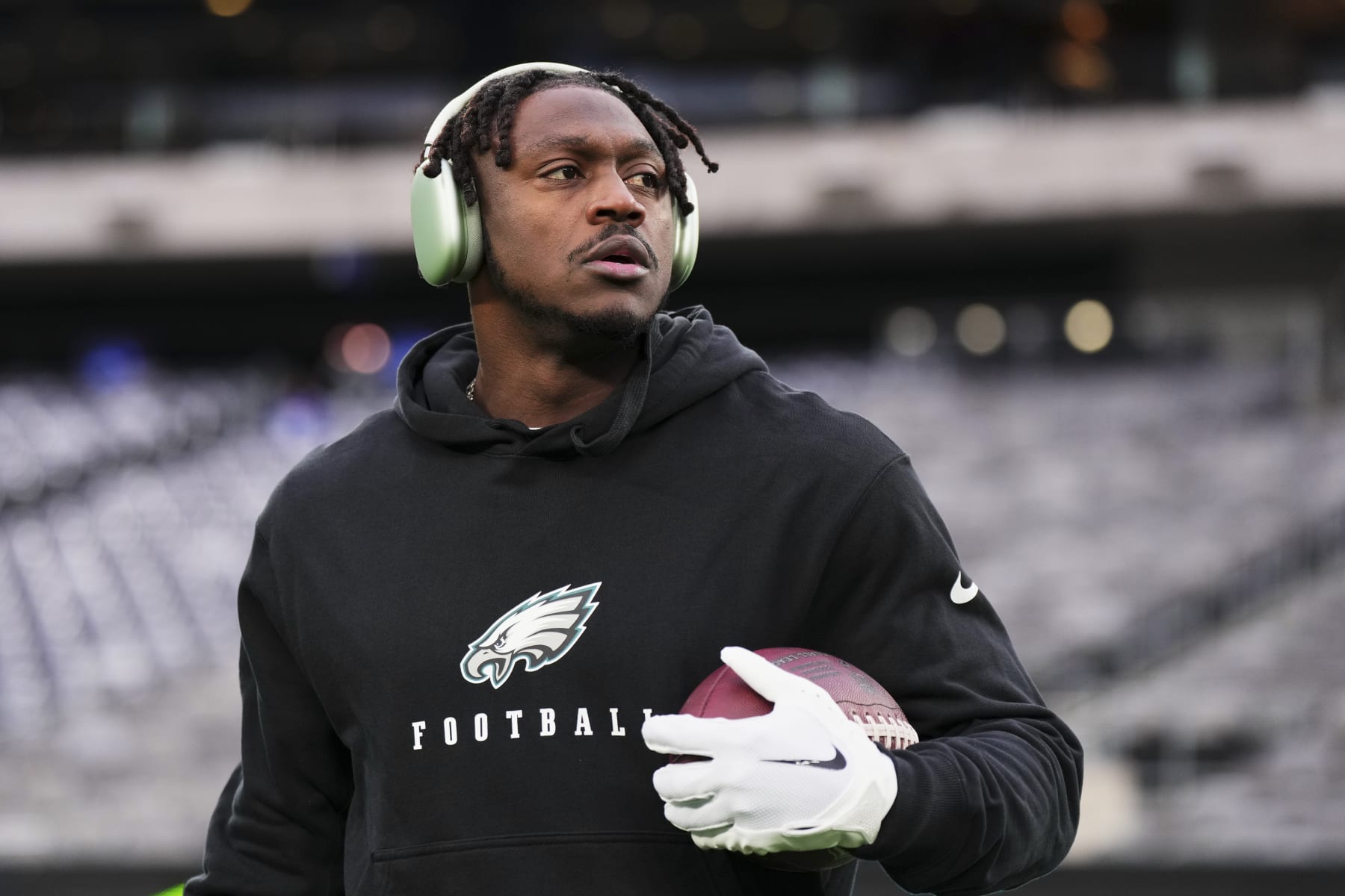 EAST RUTHERFORD, NJ - JANUARY 07: A.J. Brown #11 of the Philadelphia Eagles warms up before kickoff against the New York Giants at MetLife Stadium on January 7, 2024 in East Rutherford, New Jersey. (Photo by Cooper Neill/Getty Images)