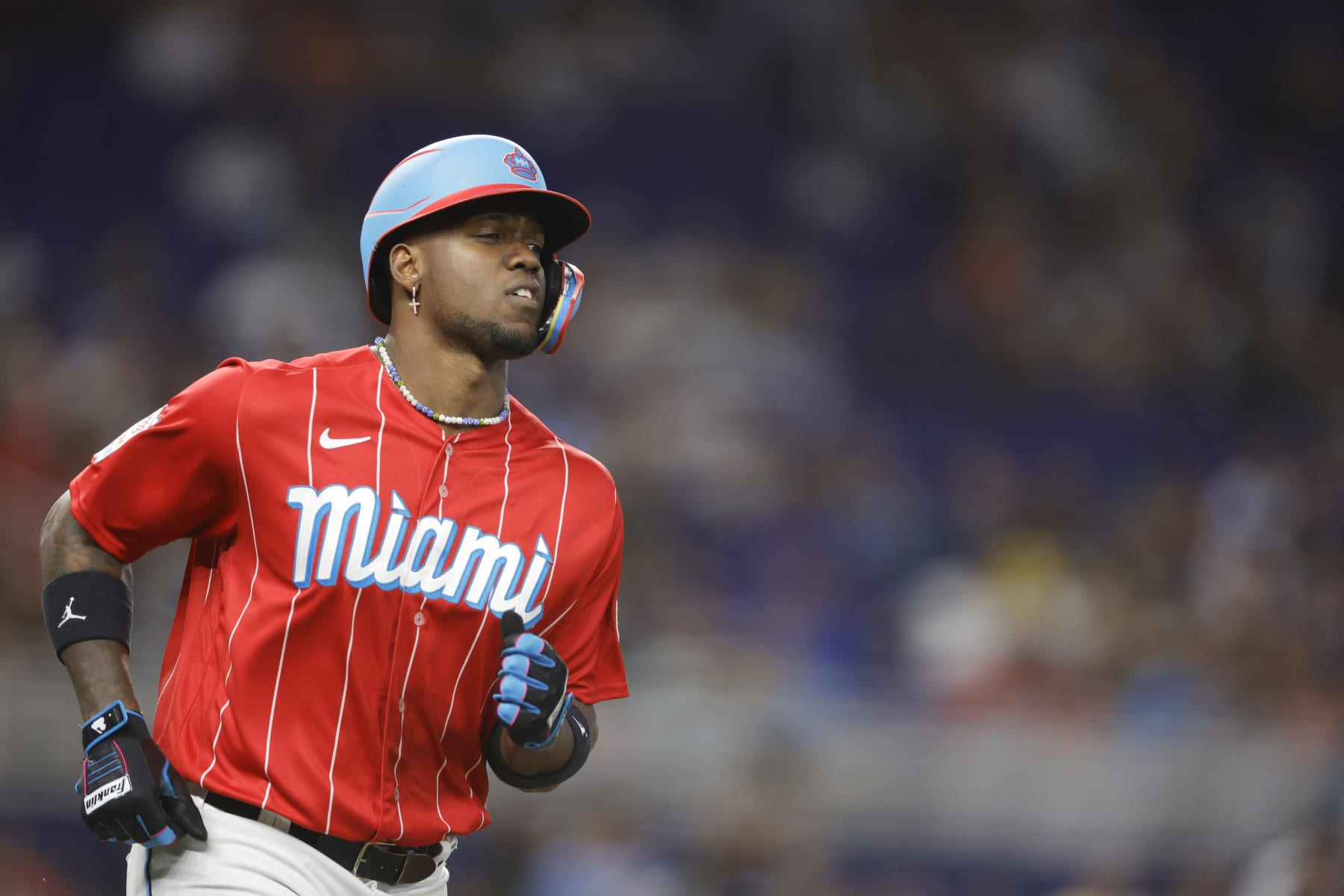 MIAMI, FLORIDA - SEPTEMBER 23: Jorge Soler #12 of the Miami Marlins singles during the third inning against the Milwaukee Brewers at loanDepot park on September 23, 2023 in Miami, Florida. (Photo by Carmen Mandato/Getty Images)