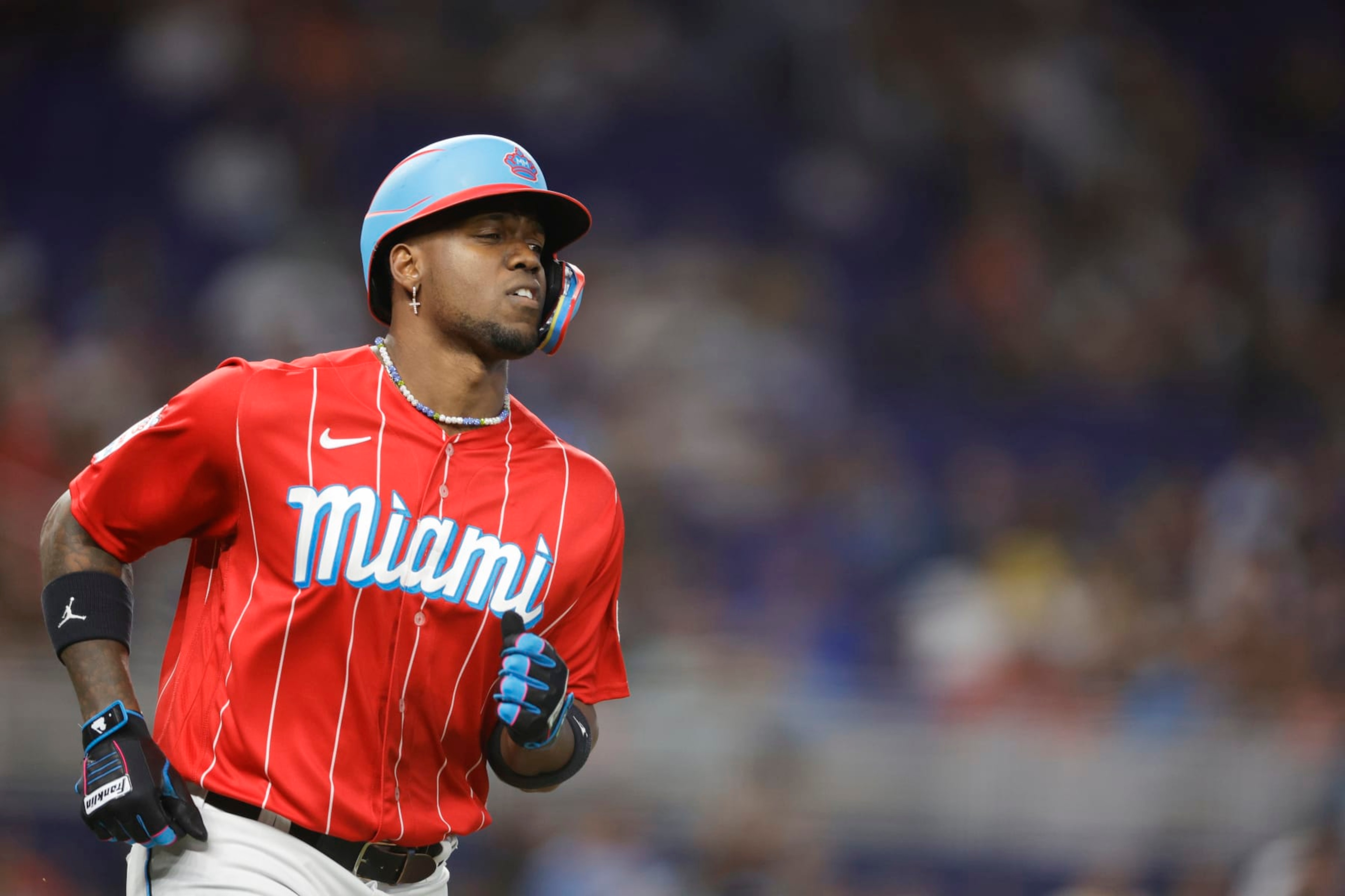 MIAMI, FLORIDA - SEPTEMBER 23: Jorge Soler #12 of the Miami Marlins singles during the third inning against the Milwaukee Brewers at loanDepot park on September 23, 2023 in Miami, Florida. (Photo by Carmen Mandato/Getty Images)