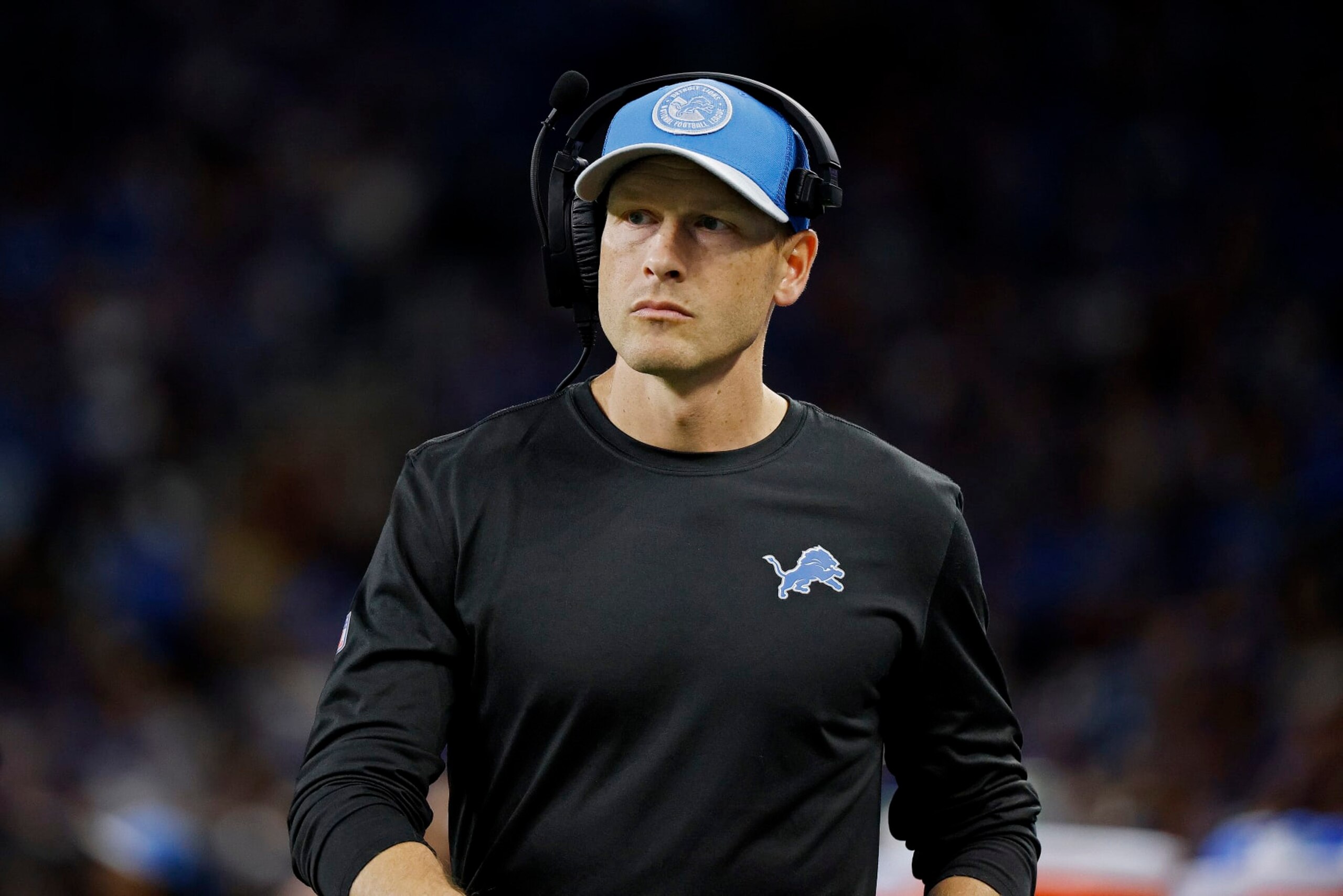 DETROIT, MICHIGAN - SEPTEMBER 24: Ben Johnson offensive coordinator with the Detroit Lions looks on during a game against the Atlanta Falcons at Ford Field on September 24, 2023 in Detroit, Michigan. (Photo by Mike Mulholland/Getty Images)