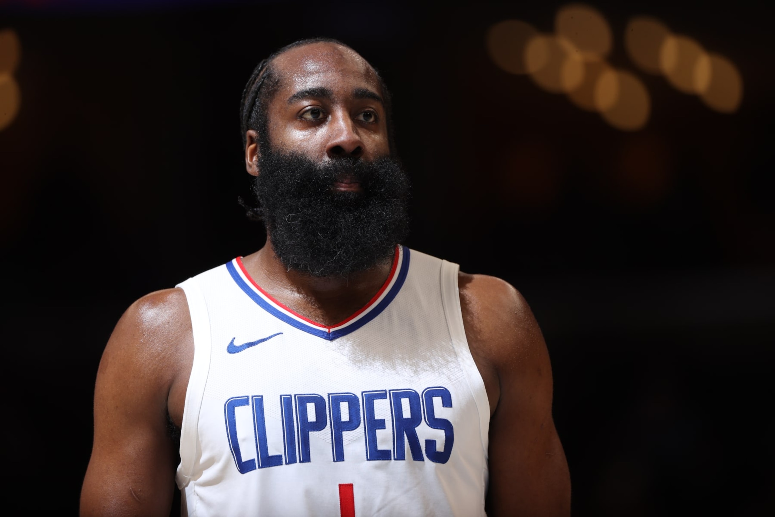 MEMPHIS, TN - JANUARY 12:  James Harden #1 of the LA Clippers looks on during the game against the Memphis Grizzlies on January 12, 2024 at FedExForum in Memphis, Tennessee. NOTE TO USER: User expressly acknowledges and agrees that, by downloading and or using this photograph, User is consenting to the terms and conditions of the Getty Images License Agreement. Mandatory Copyright Notice: Copyright 2024 NBAE (Photo by Joe Murphy/NBAE via Getty Images)