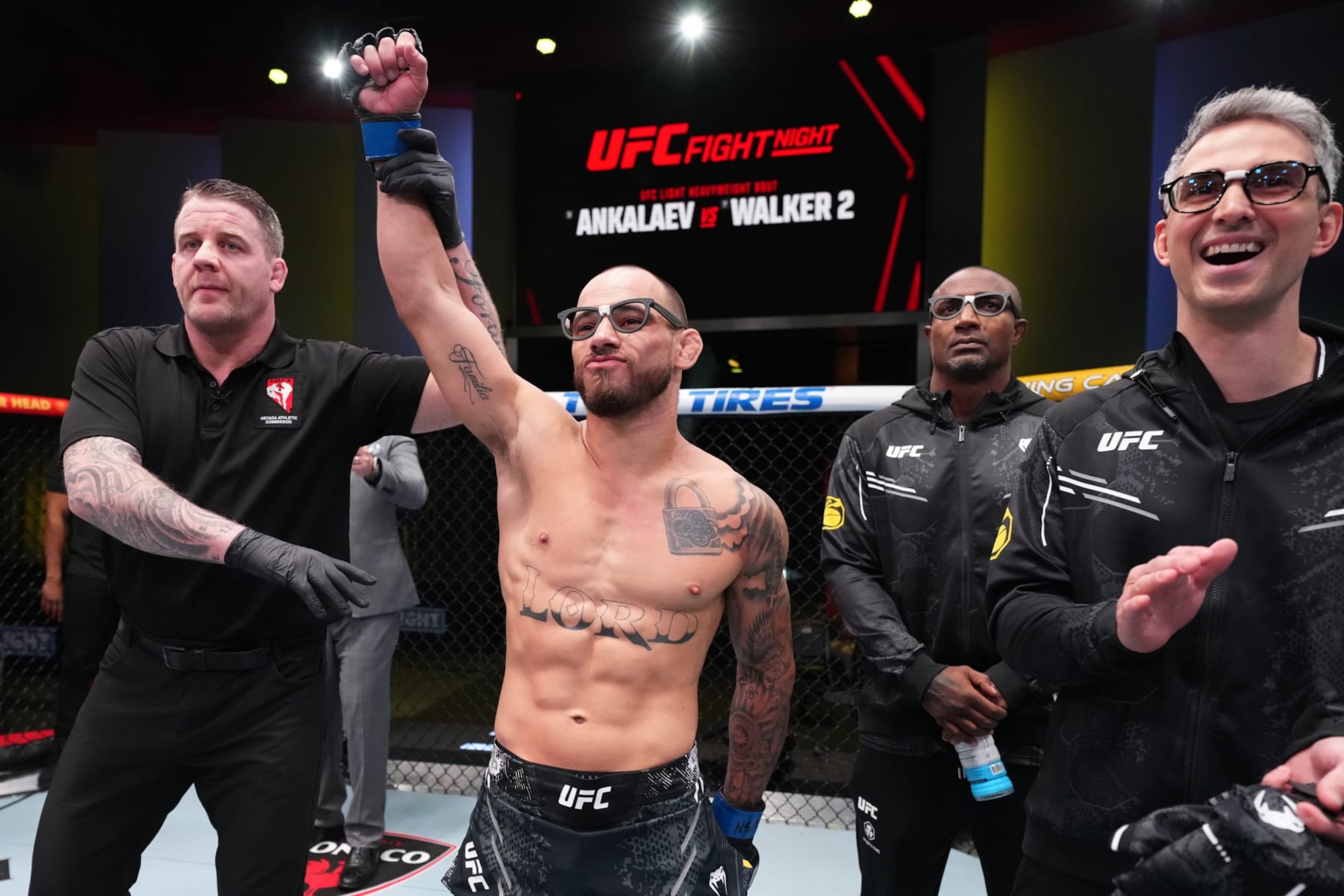 LAS VEGAS, NEVADA - JANUARY 13: Jean Silva of Brazil reacts after his TKO victory against Westin Wilson in a featherweight fight during the UFC Fight Night event at UFC APEX on January 13, 2024 in Las Vegas, Nevada. (Photo by Chris Unger/Zuffa LLC via Getty Images)