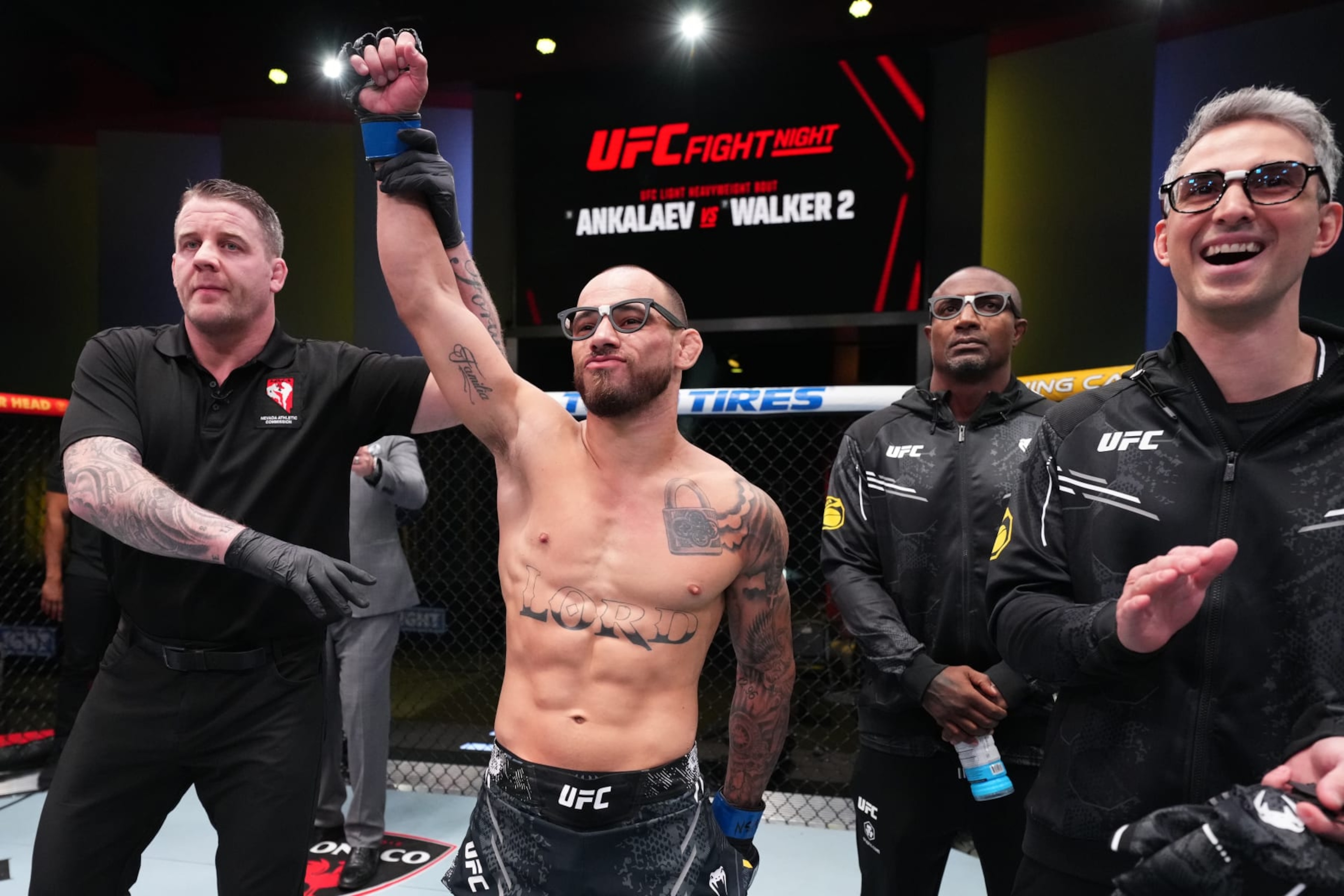 LAS VEGAS, NEVADA - JANUARY 13: Jean Silva of Brazil reacts after his TKO victory against Westin Wilson in a featherweight fight during the UFC Fight Night event at UFC APEX on January 13, 2024 in Las Vegas, Nevada. (Photo by Chris Unger/Zuffa LLC via Getty Images)