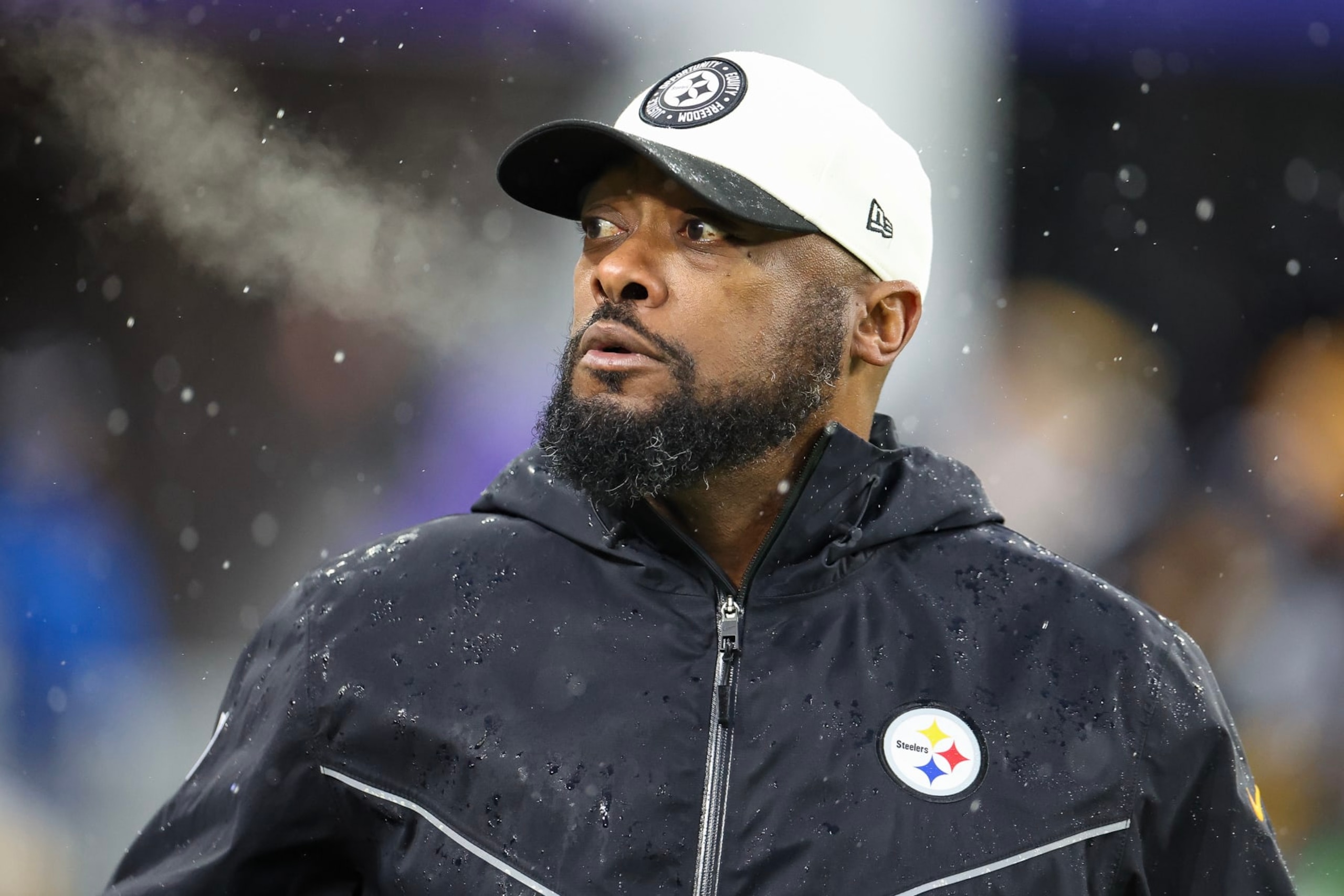 BALTIMORE, MARYLAND - JANUARY 06: Head coach Mike Tomlin of the Pittsburgh Steelers looks on prior to a game against the Baltimore Ravens at M&T Bank Stadium on January 06, 2024 in Baltimore, Maryland. (Photo by Rob Carr/Getty Images)