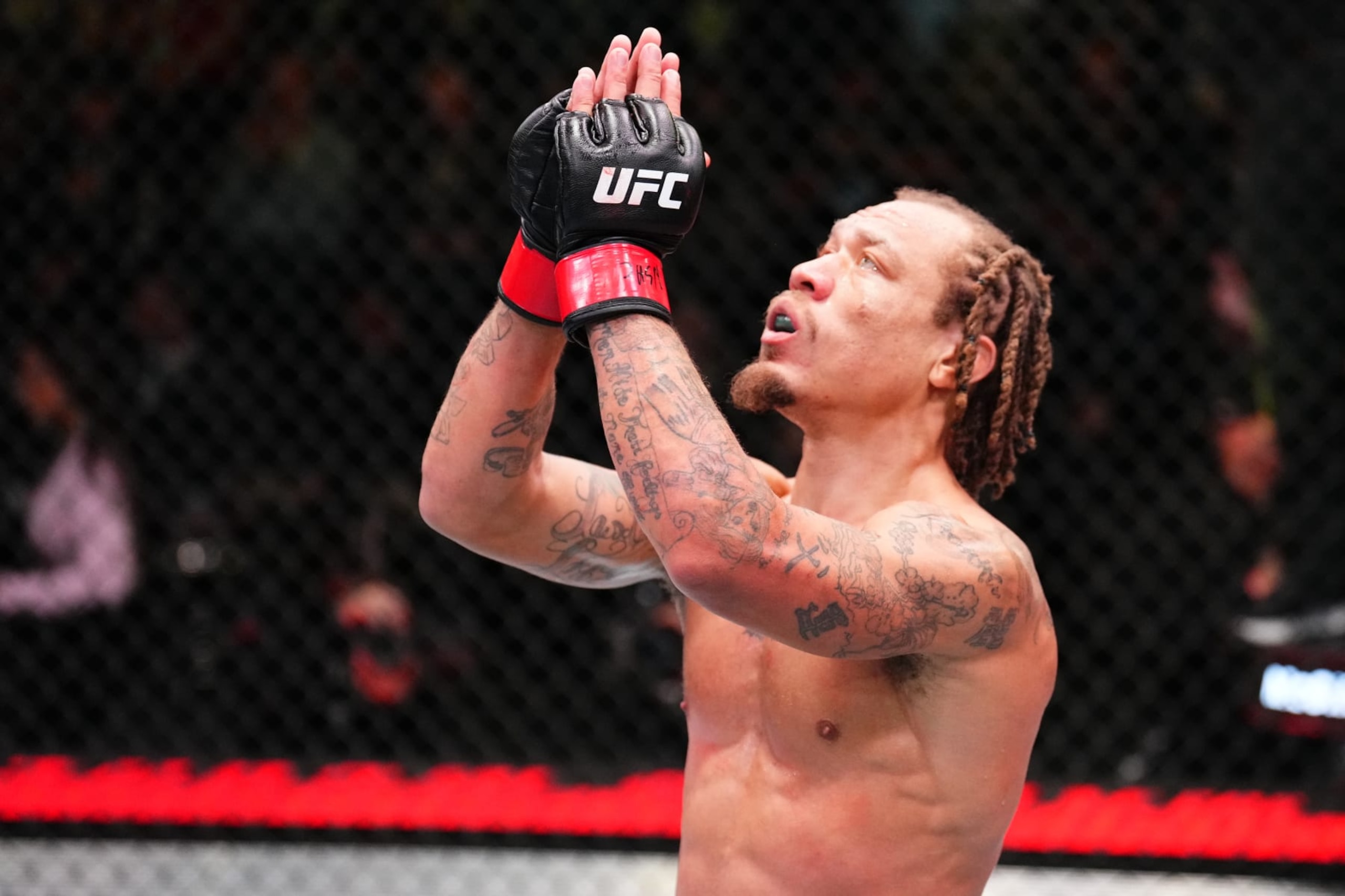 LAS VEGAS, NEVADA - JANUARY 13: Marcus McGhee reacts after his TKO victory against Gaston Bolanos of Peru in a bantamweight fight during the UFC Fight Night event at UFC APEX on January 13, 2024 in Las Vegas, Nevada. (Photo by Chris Unger/Zuffa LLC via Getty Images)