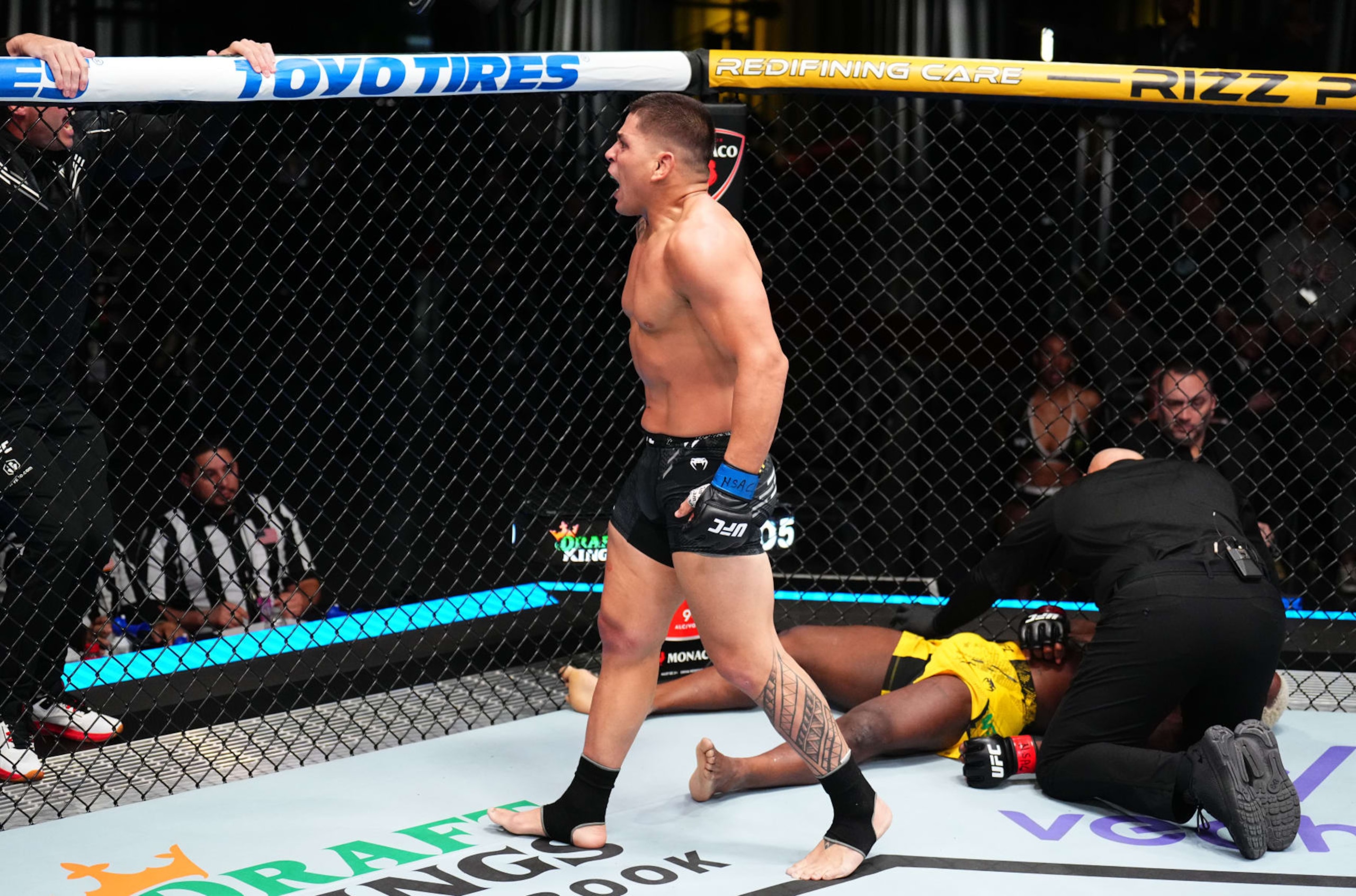 LAS VEGAS, NEVADA - JANUARY 13: Brunno Ferreira of Brazil reacts after his knockout victory against Phil Hawes in a middleweight fight during the UFC Fight Night event at UFC APEX on January 13, 2024 in Las Vegas, Nevada. (Photo by Chris Unger/Zuffa LLC via Getty Images)