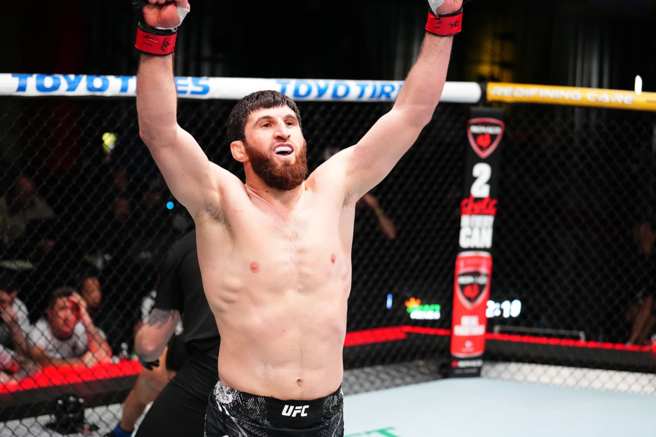 LAS VEGAS, NEVADA - JANUARY 13: Magomed Ankalaev of Russia reacts after his knockout victory against Johnny Walker of Brazil in a light heavyweight fight during the UFC Fight Night event at UFC APEX on January 13, 2024 in Las Vegas, Nevada. (Photo by Chris Unger/Zuffa LLC via Getty Images)