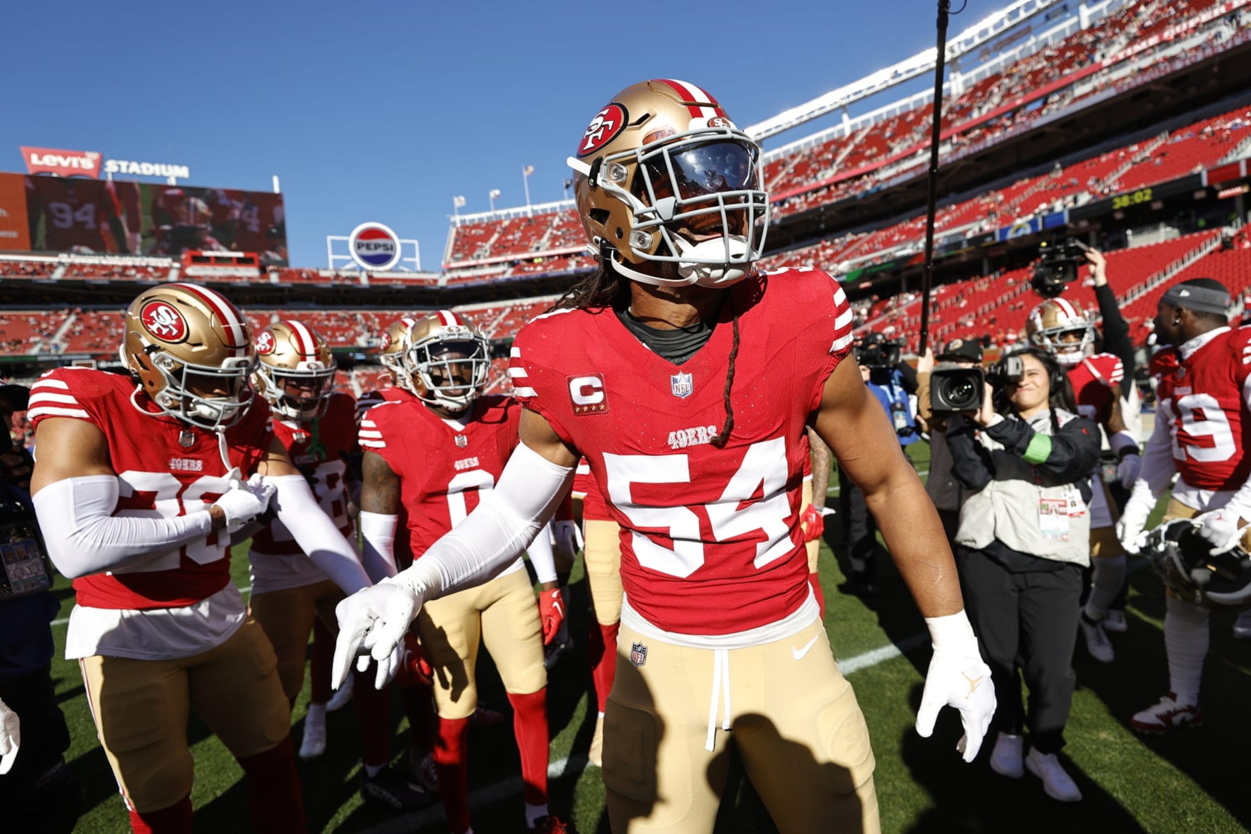 SANTA CLARA, CA - JANUARY 7: Fred Warner #54 of the San Francisco 49ers fires up the team before the game against the Los Angeles Rams at Levi's Stadium on January 7, 2024 in Santa Clara, California. The Rams defeated the 49ers 21-20. (Photo by Michael Zagaris/San Francisco 49ers/Getty Images)