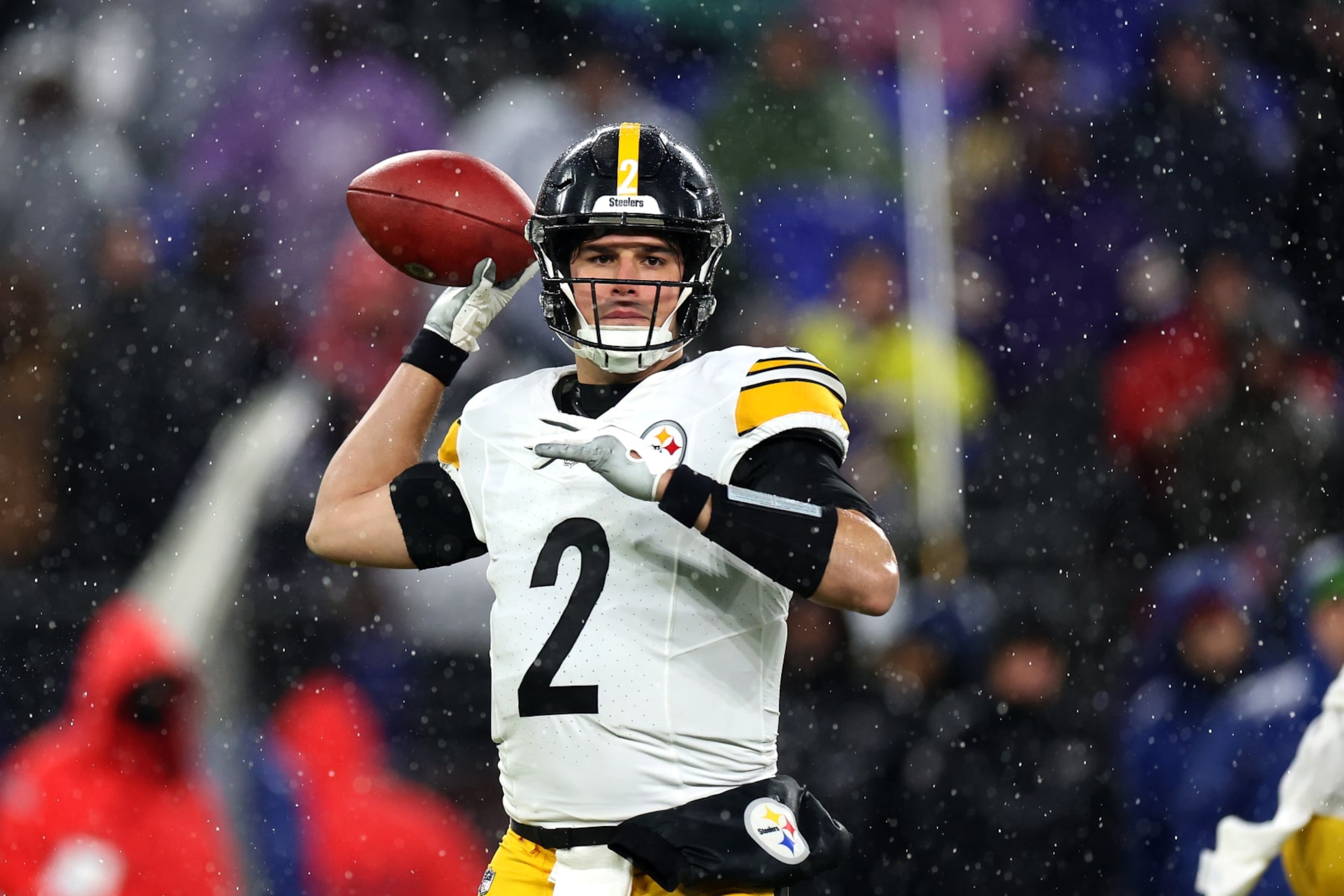 BALTIMORE, MARYLAND - JANUARY 06: Quarterback Mason Rudolph #2 of the Pittsburgh Steelers throws a pass against the Baltimore Ravens at M&T Bank Stadium on January 06, 2024 in Baltimore, Maryland. (Photo by Rob Carr/Getty Images)